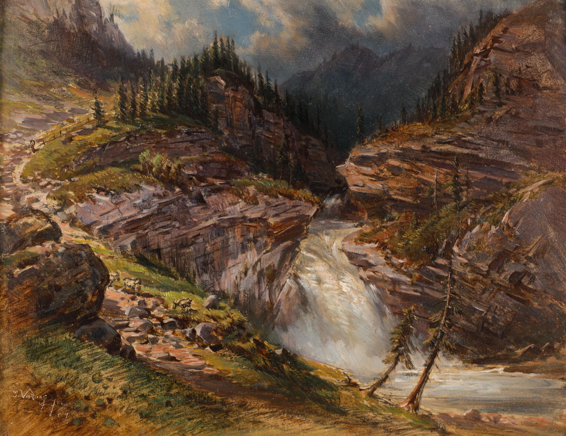 Hirte am Gollinger Wasserfall, oil on canvas by Johann Varrone, depicting a shepherd by a waterfall.