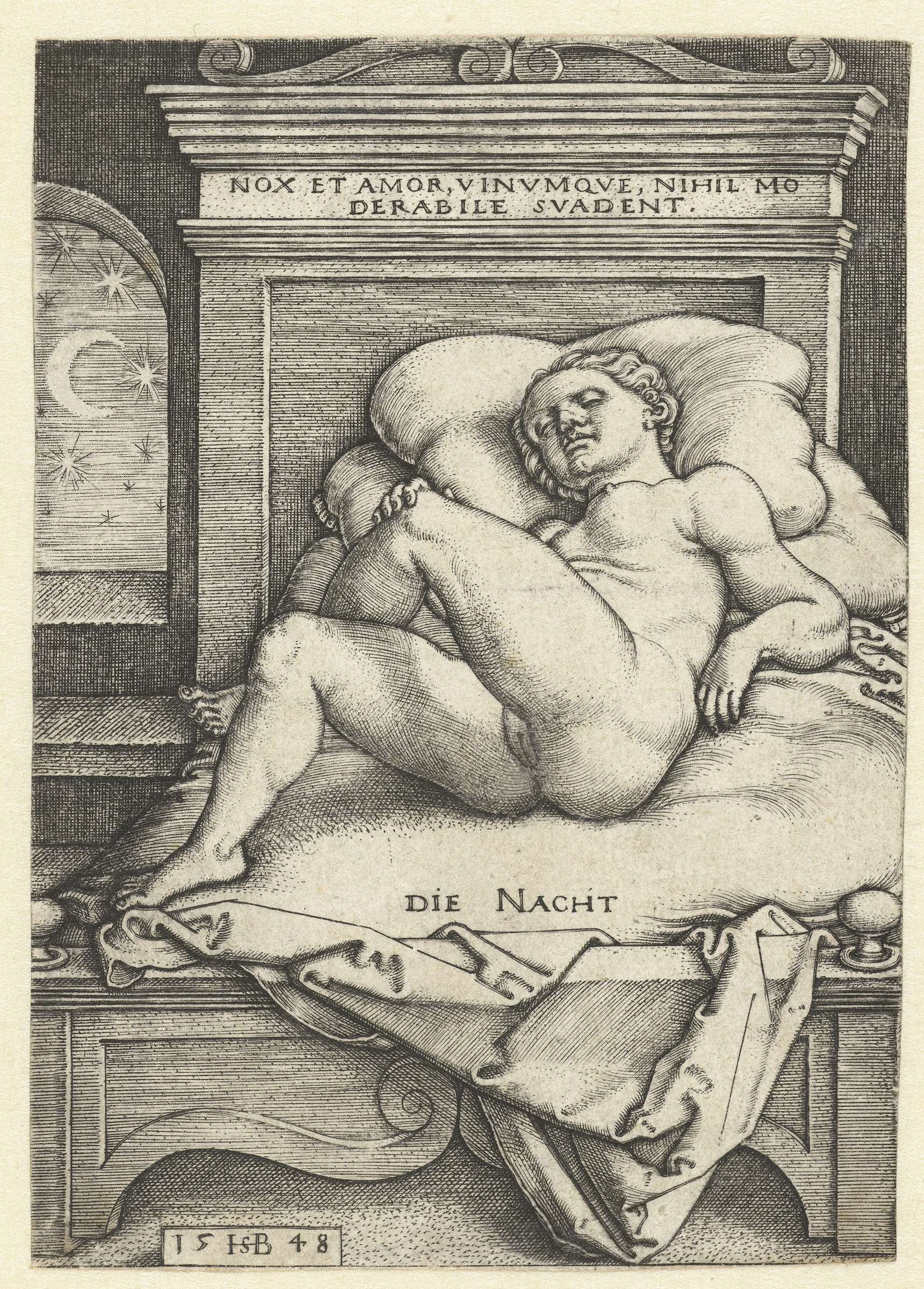 Nude reclining figure against a dark backdrop, engraving by Hans Sebald Beham