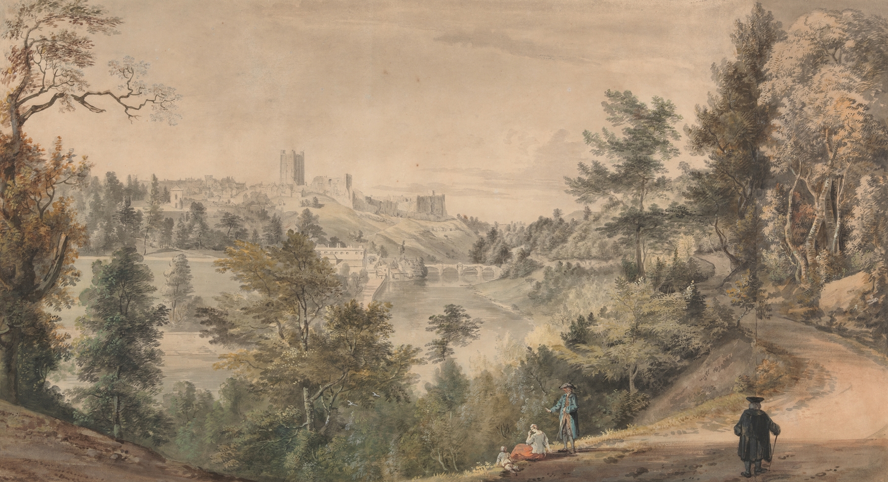 Landscape featuring Richmond Castle by Paul Sandby, medium unknown