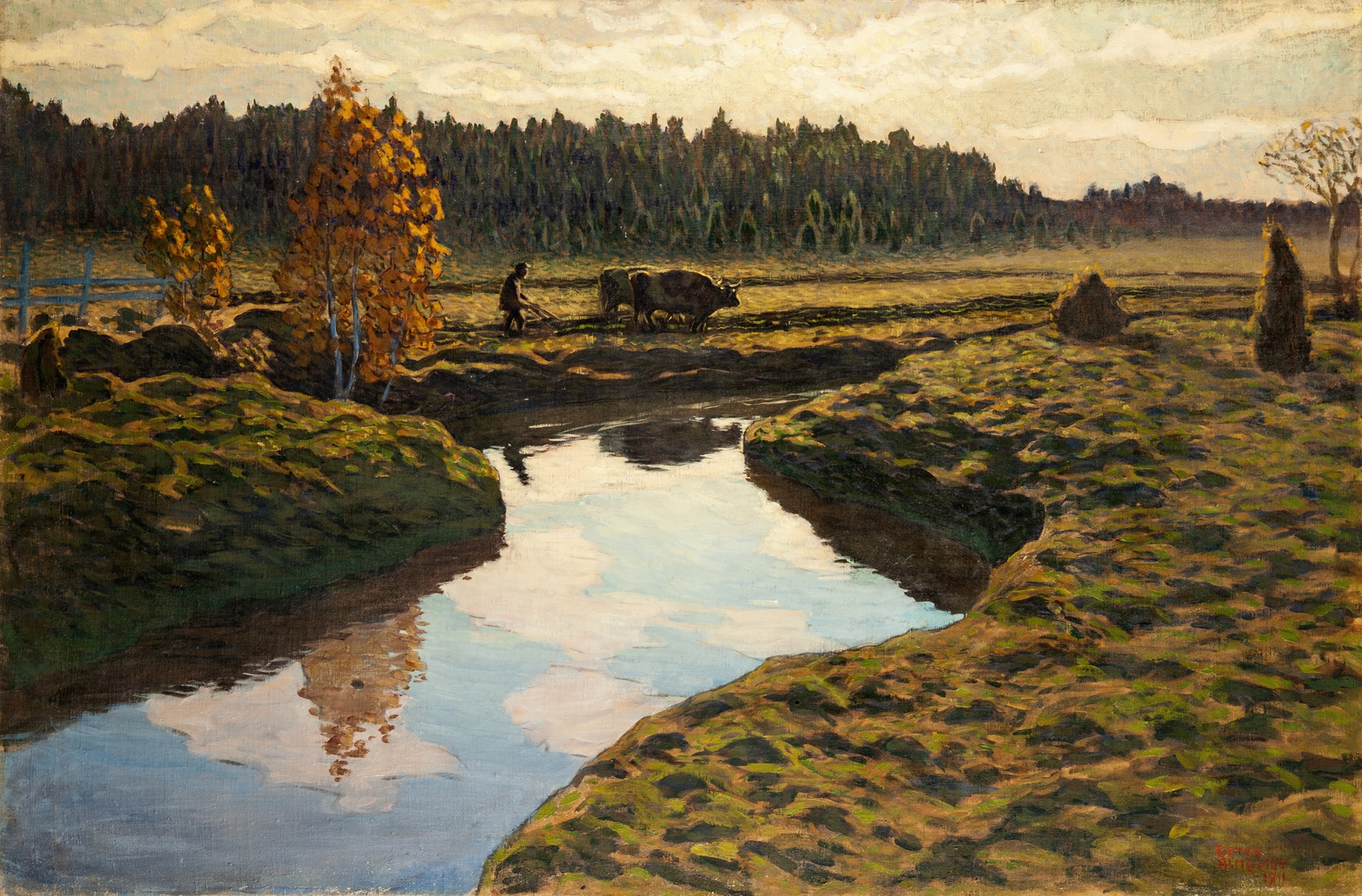 Realism landscape depicting ploughing in marshland by Ester Almqvist