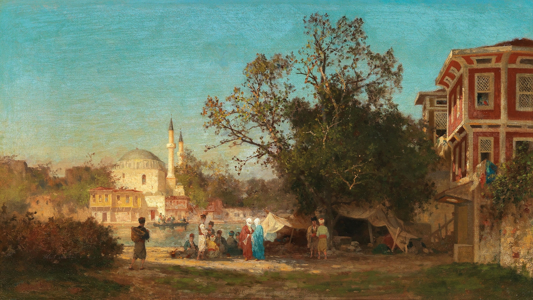 A Capriccio of Constantinople by Germain Fabius Brest, oil on canvas depicting a nostalgic cityscape.