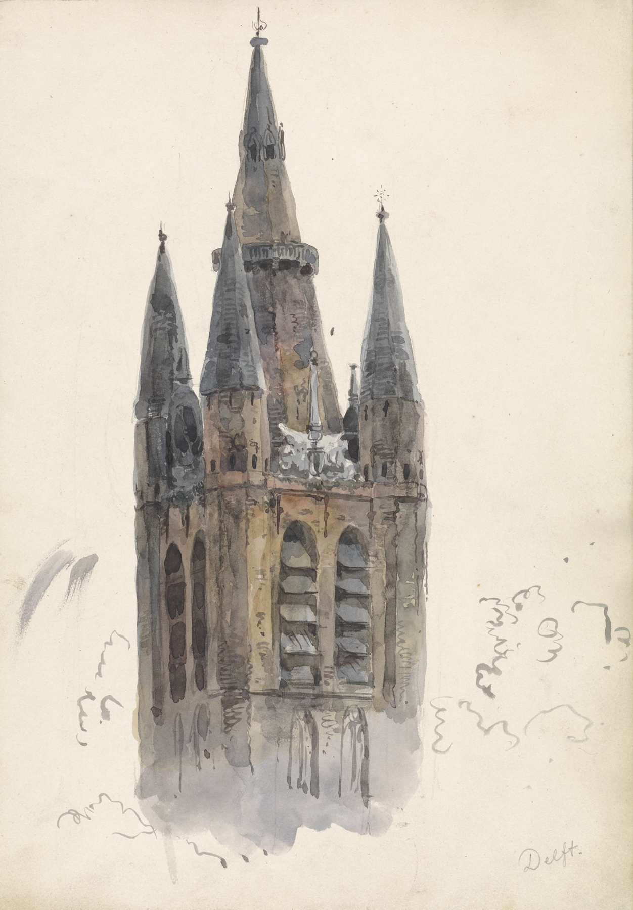 Kerktoren te Delft by Willem Anthonie van Deventer, oil on canvas depicting a church tower and village.