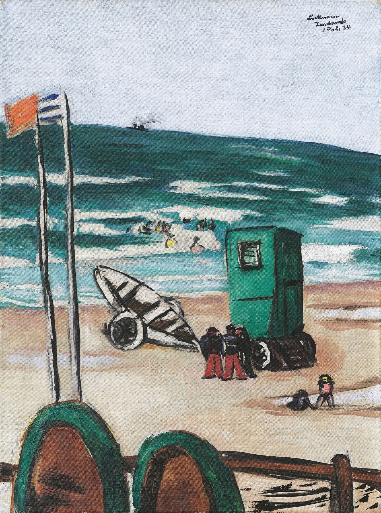 Badende mit grüner Kabine und Schiffern mit roten Hosen, by Max Beckmann, public domain
