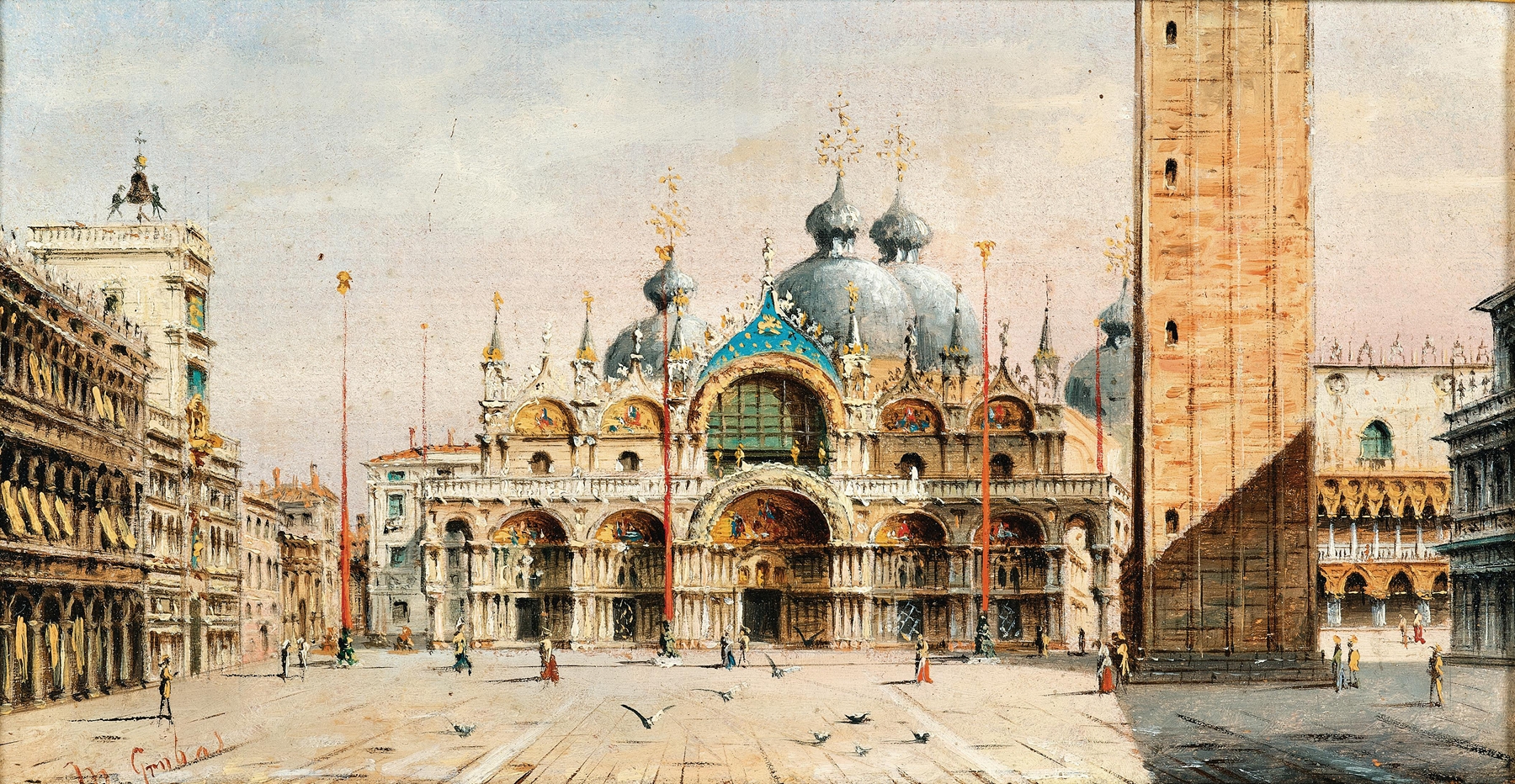 Venice, View of St Mark’s Square by Marco Grubas, impressionism, depicting pastel buildings and reflections.