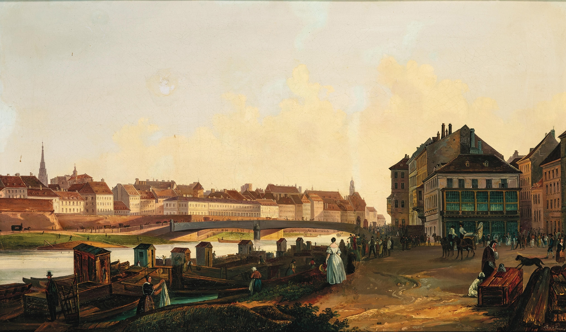 Oil on canvas by Josef Jonas depicting Ferdinandsbrücke over a river in Vienna