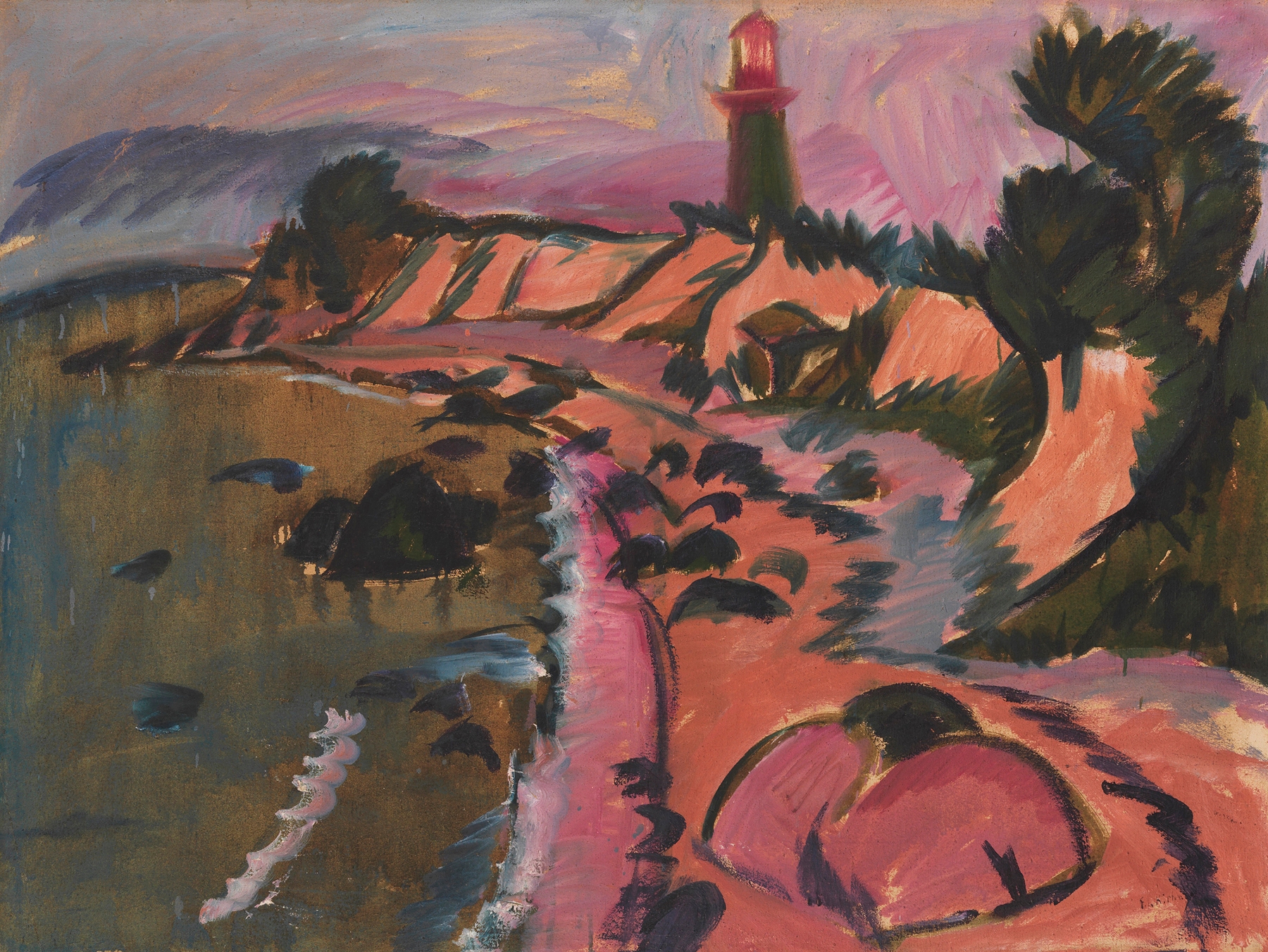Fehmarnküste mit Leuchtturm, by Ernst Ludwig Kirchner, public domain