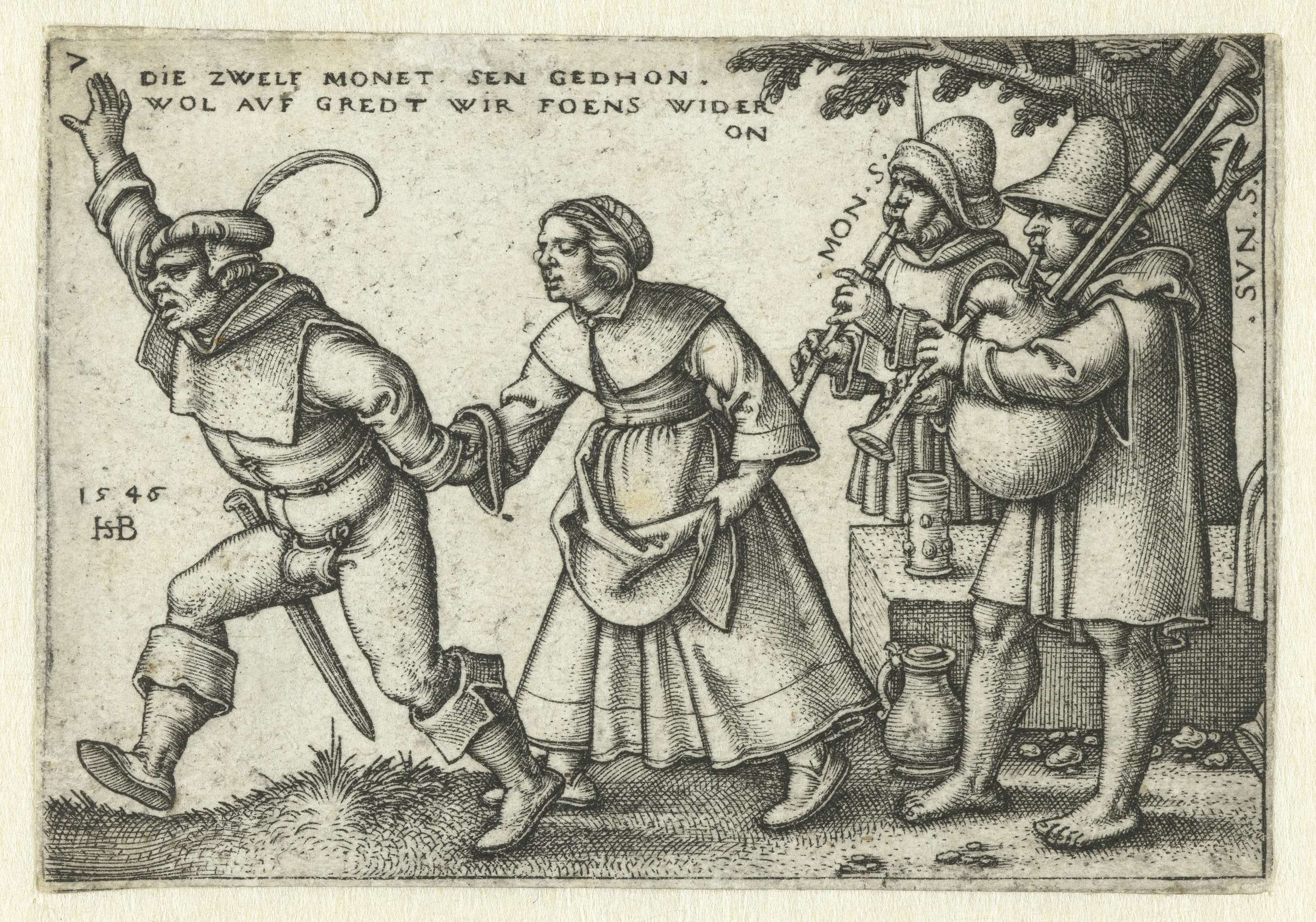 Muzikanten en dansend boerenpaar, by Hans Sebald Beham, public domain