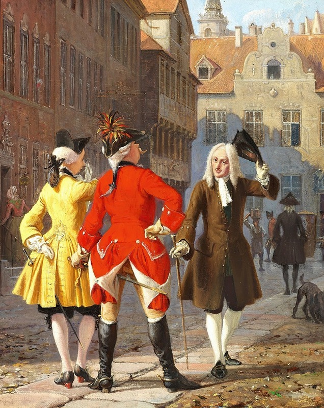 This painting depicts a historical scene involving Jacob and Thybo.