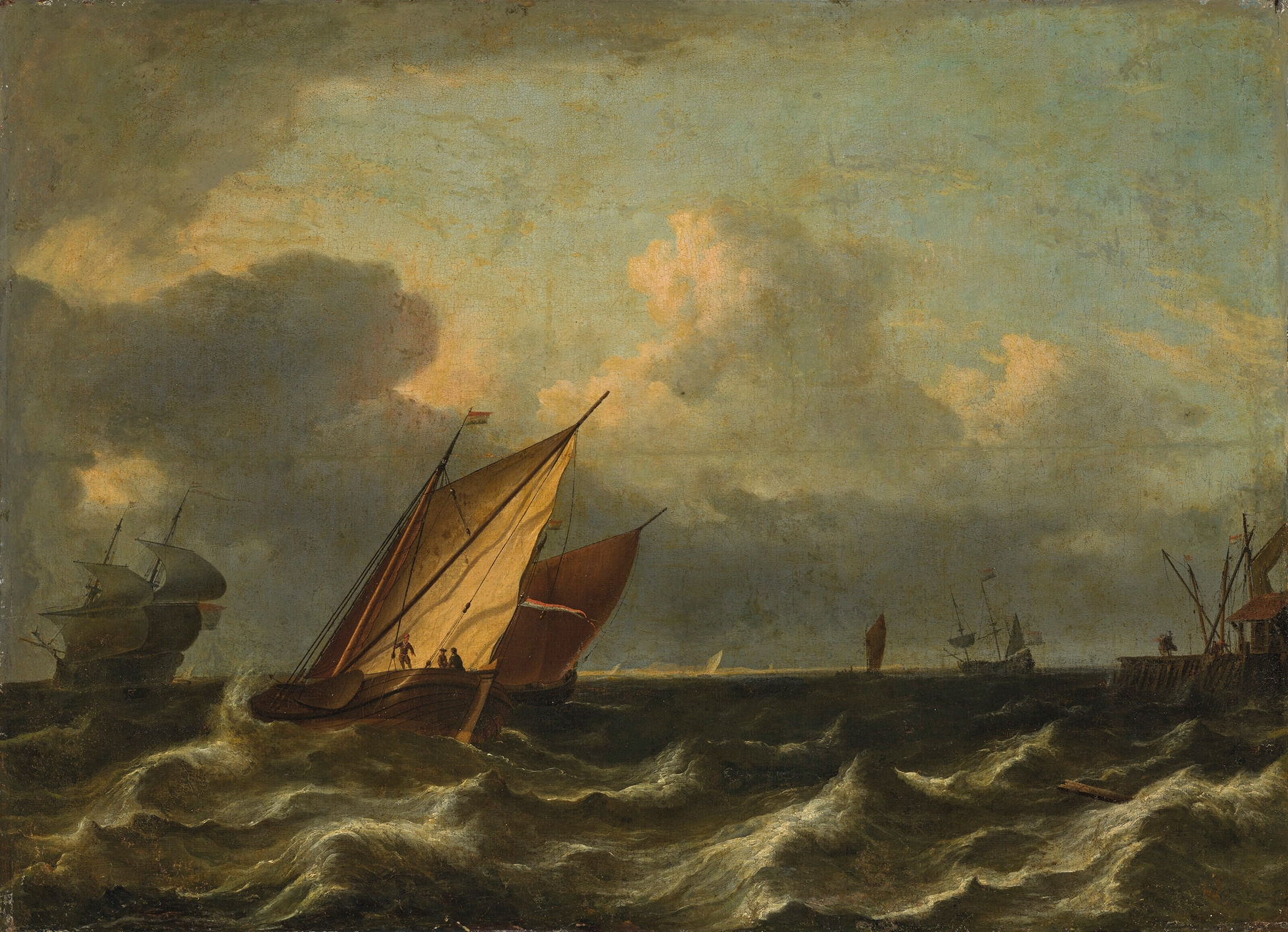 Vessels sailing in choppy waters near a port, by Aernout Smit, public domain