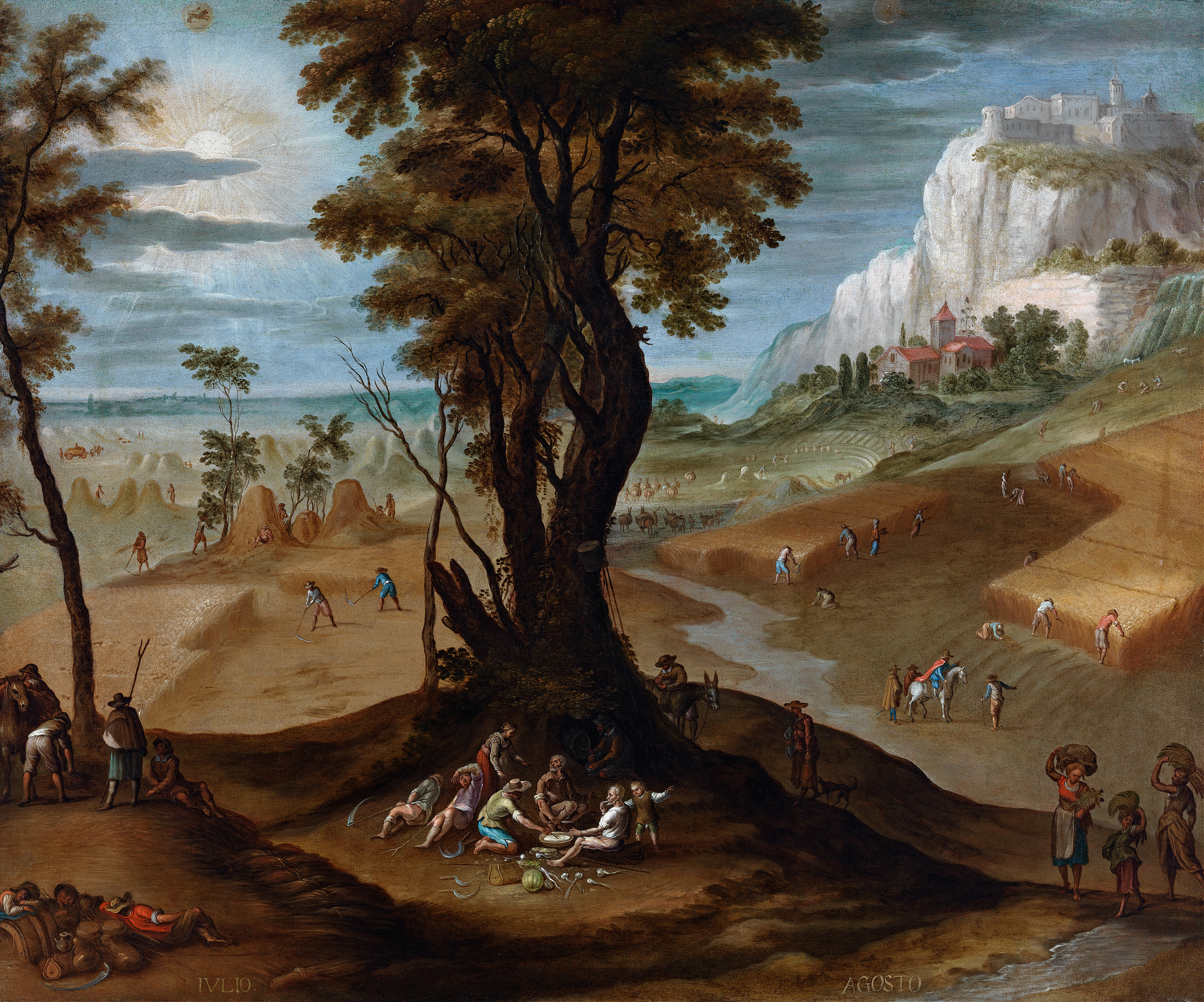 Genre scene of summer with children dancing and a woman gathering fruits, oil painting by Antonio de Espinosa.
