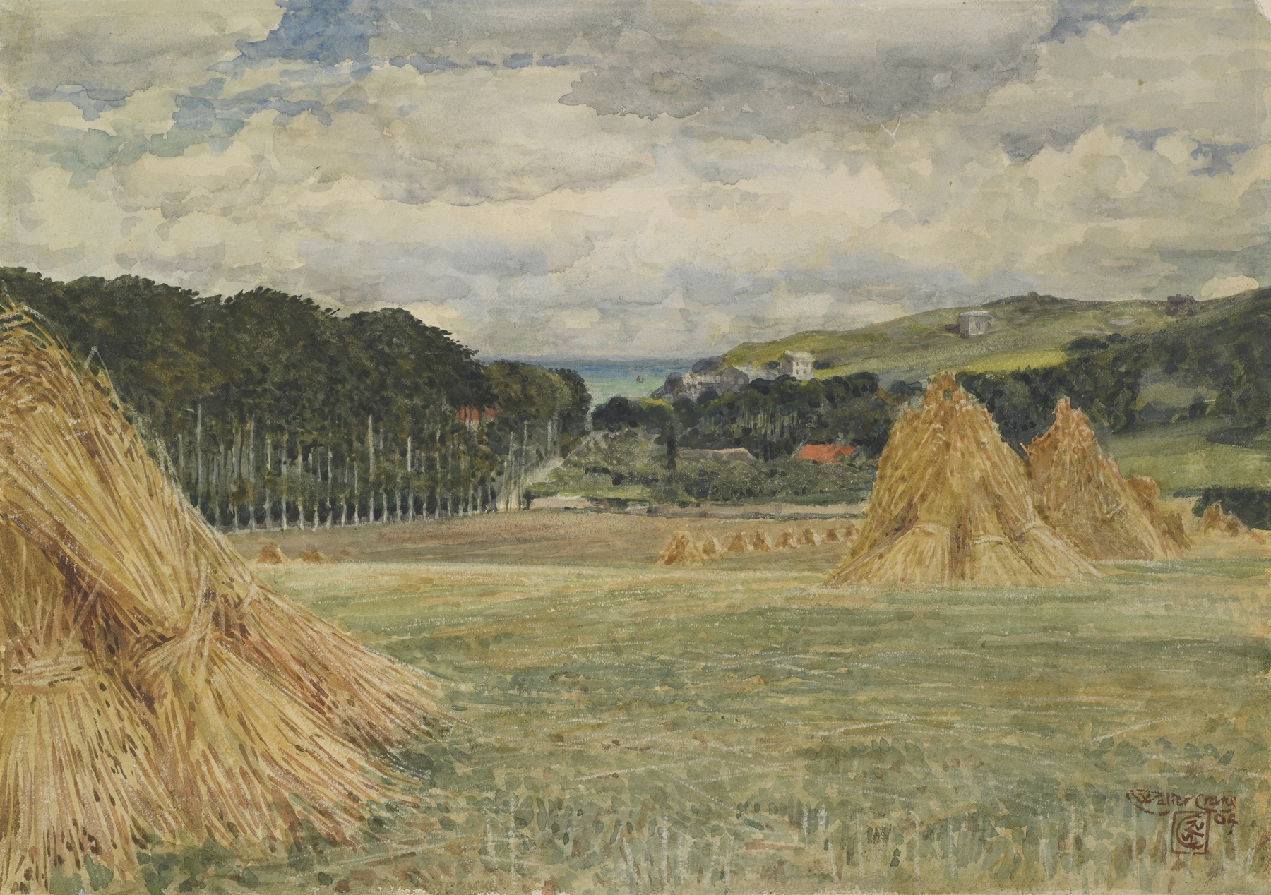 Harvest Field, Normandy by Walter Crane, oil painting depicting laborers in a golden light landscape.