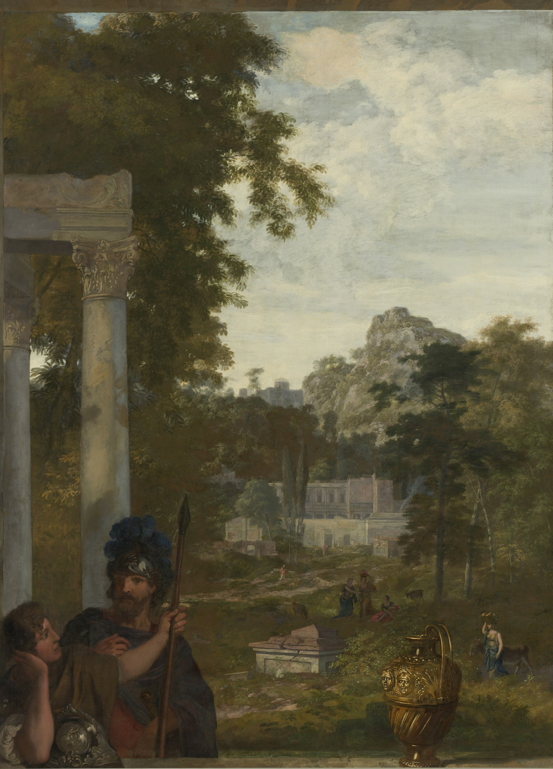 Italian Landscape with two Roman Soldiers, by Gerard de Lairesse, public domain