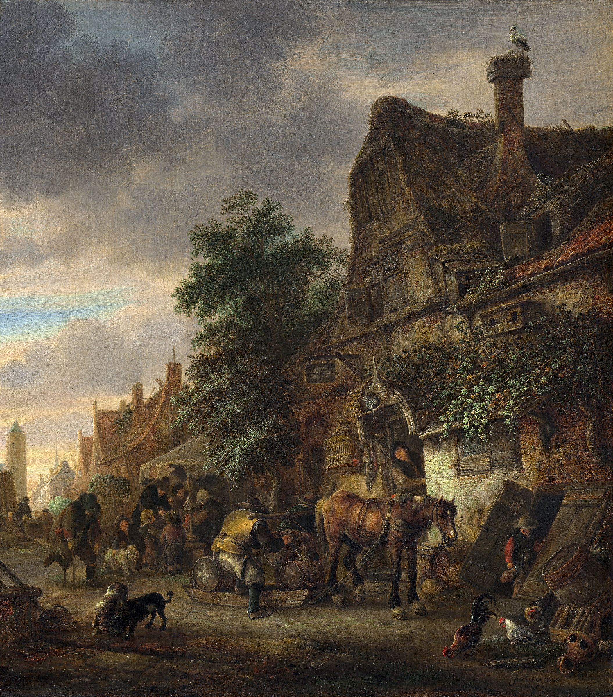 Genre scene with workmen outside an inn, oil painting by Isaac van Ostade