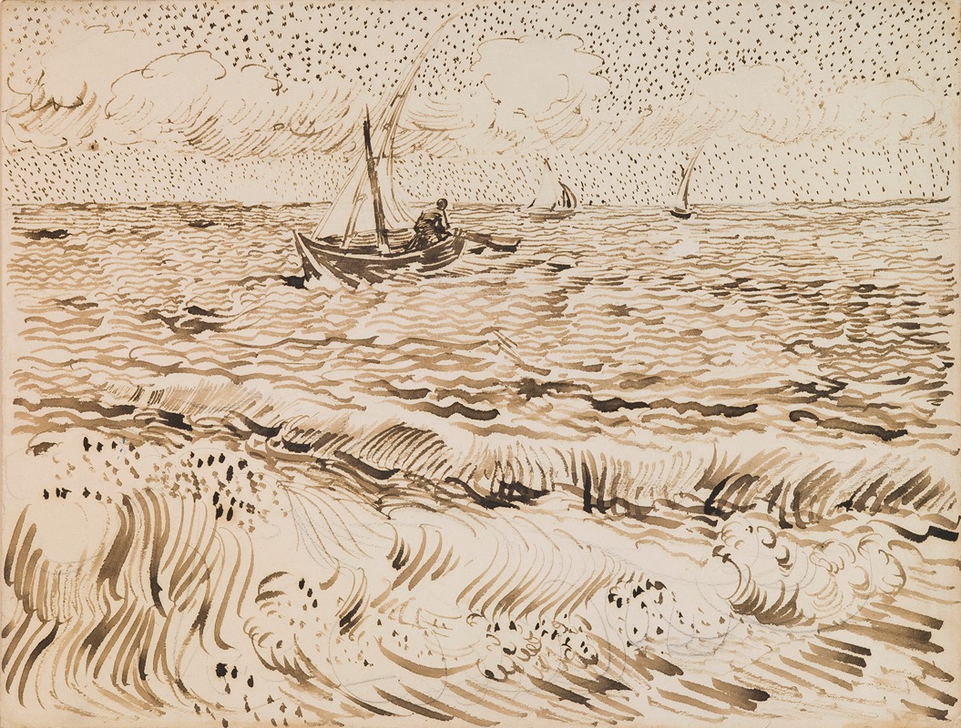 Fishing Boats at Saintes-Maries-de-la-Mer by Vincent van Gogh depicts vibrant boats on a lively sea.
