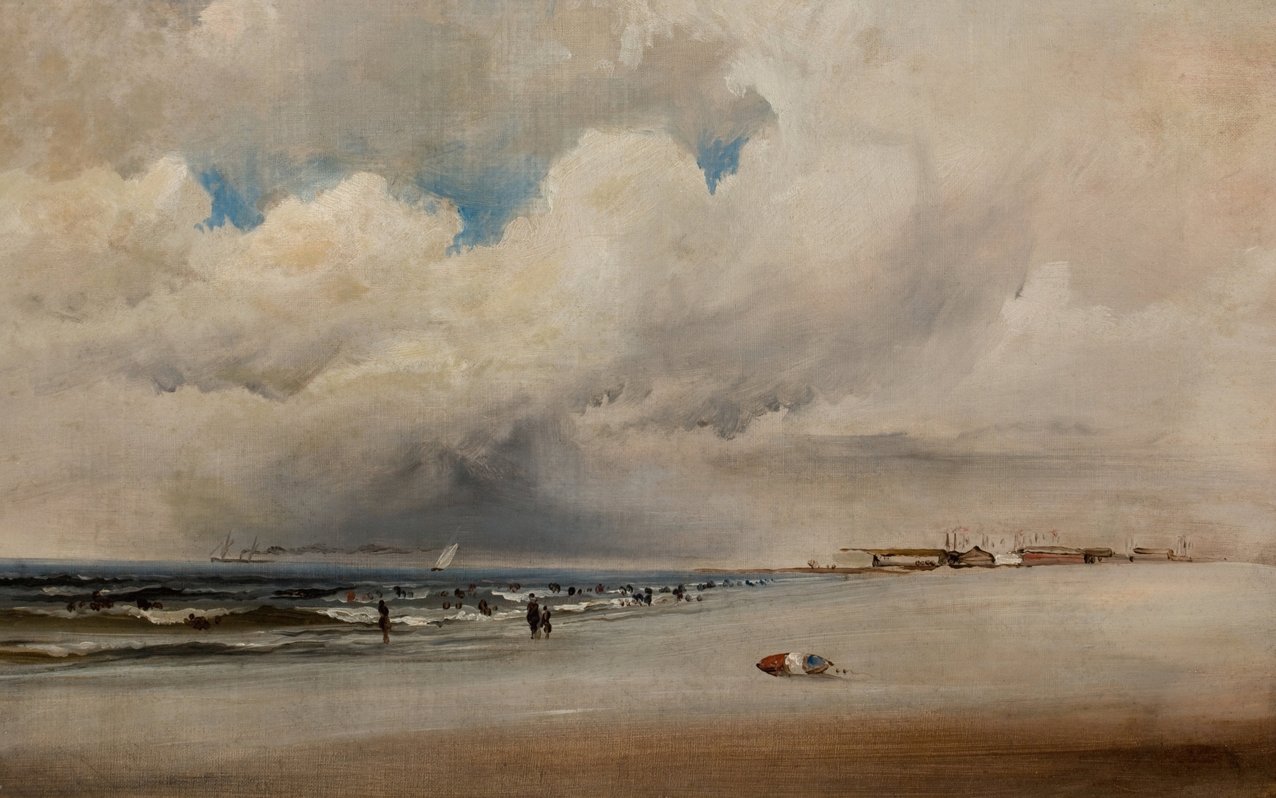 Marine scene with turbulent sky and shimmering waves by James Hamilton, oil painting