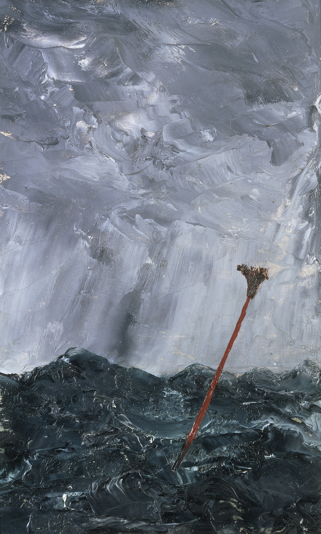 Stormy sea oil painting by August Strindberg, featuring turbulent waves and dark skies.