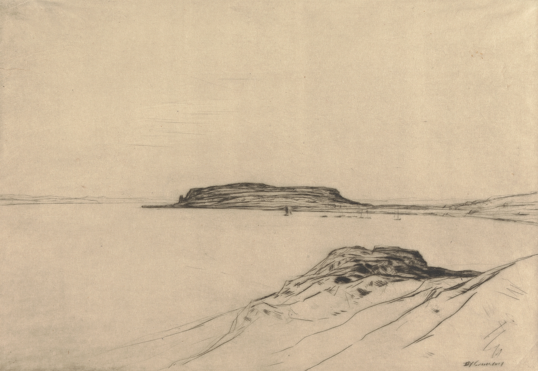 Landscape of Drumadoon by David Young Cameron, oil painting featuring rugged cliffs and soft light.