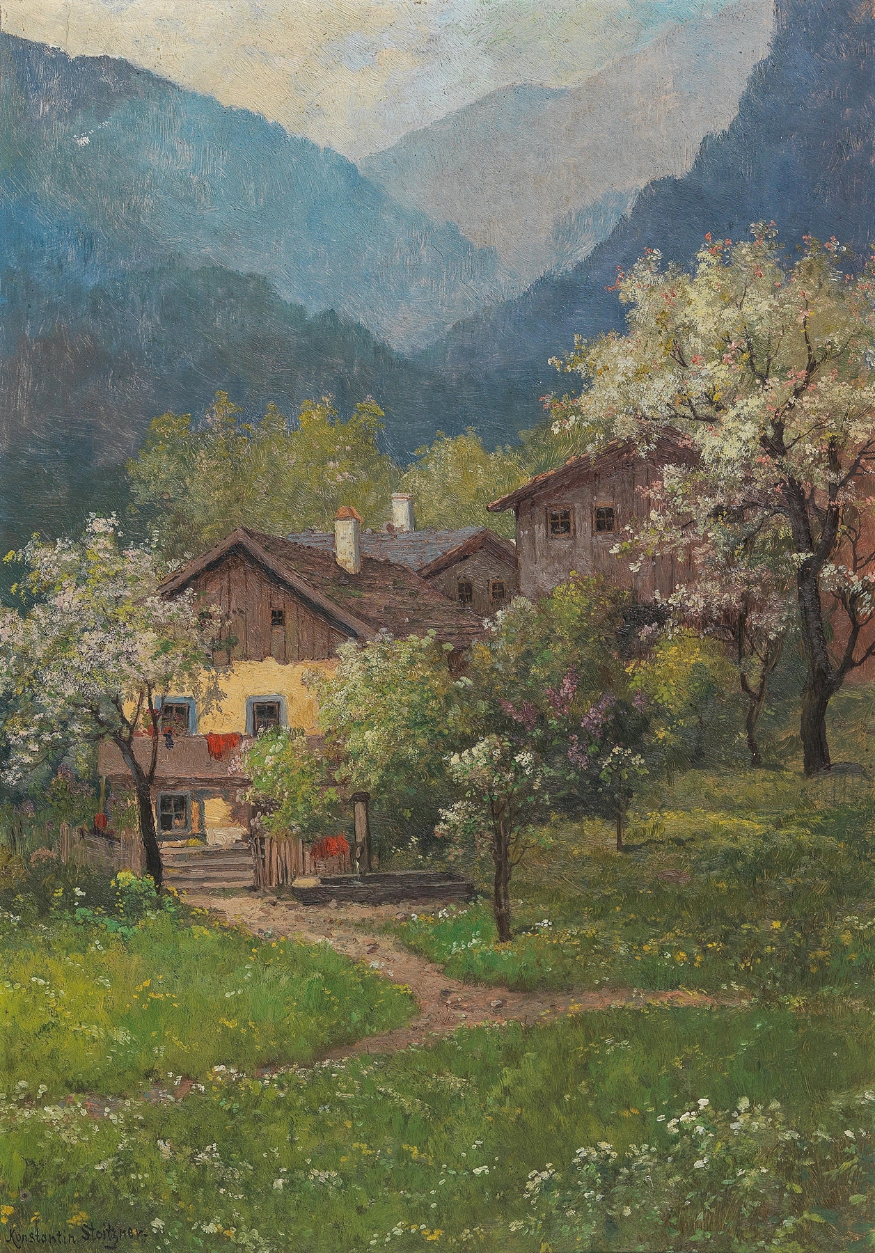 Botanical scene featuring lilac flowers by Konstantin Stoitzner, medium unknown