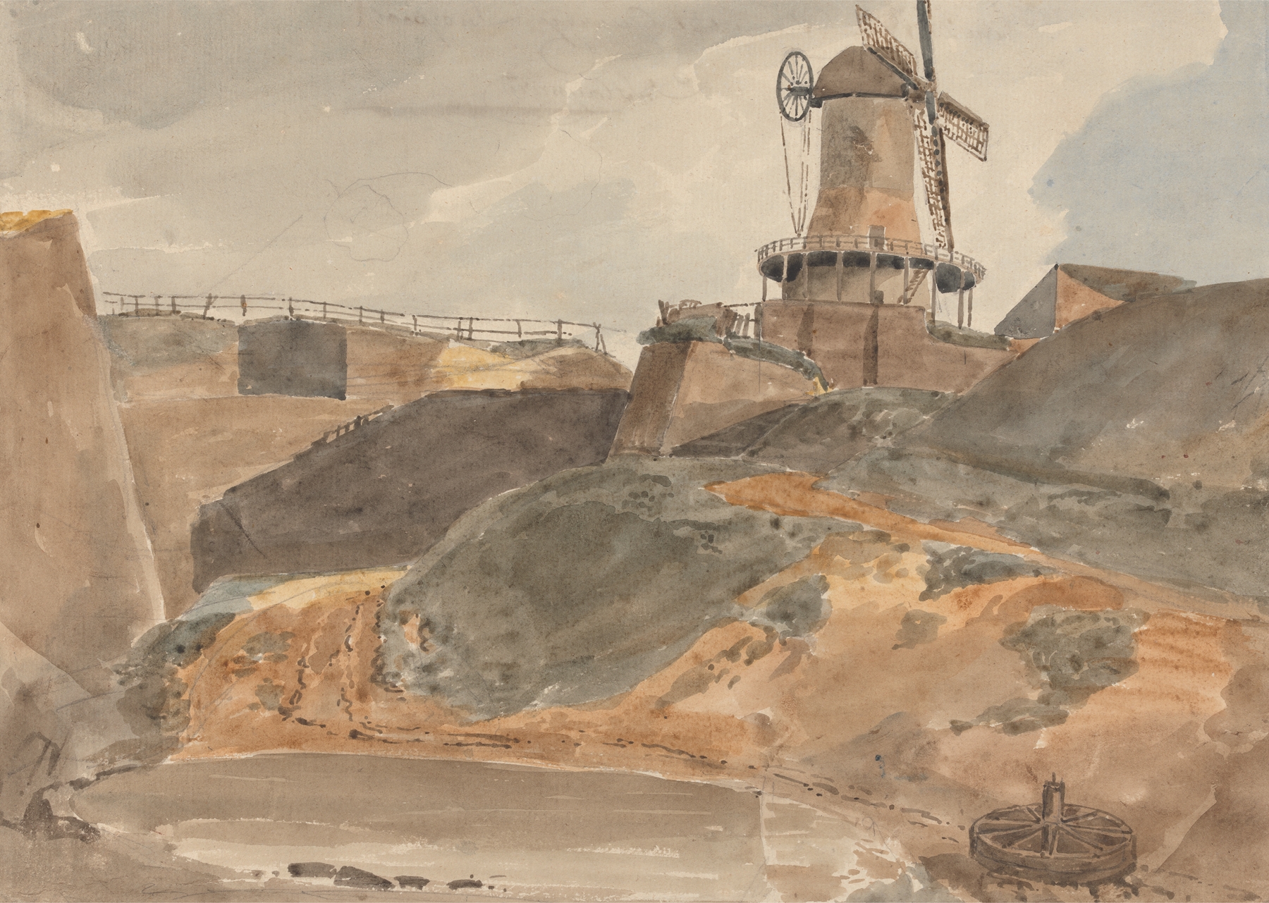 Oil painting by John Samuel Hayward depicting a windmill near a quarry landscape.