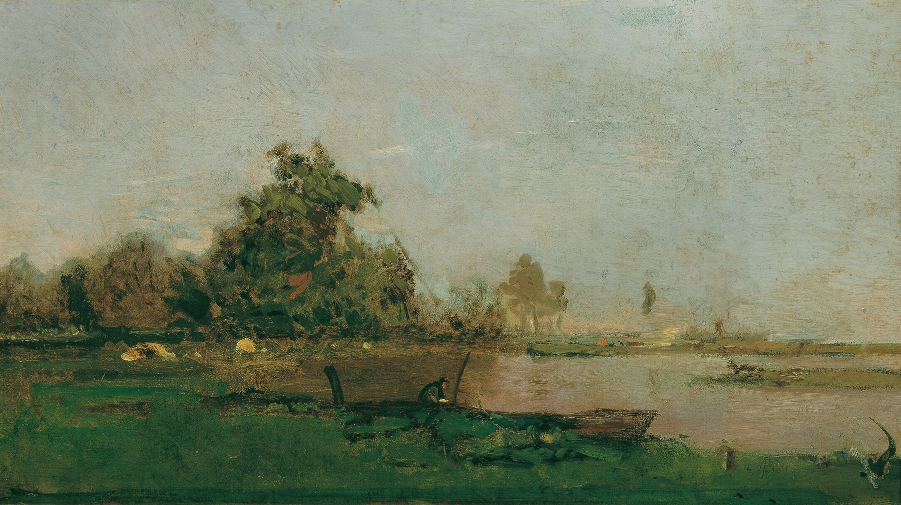 Landscape with a boat on a river, oil painting by Eugen Jettel