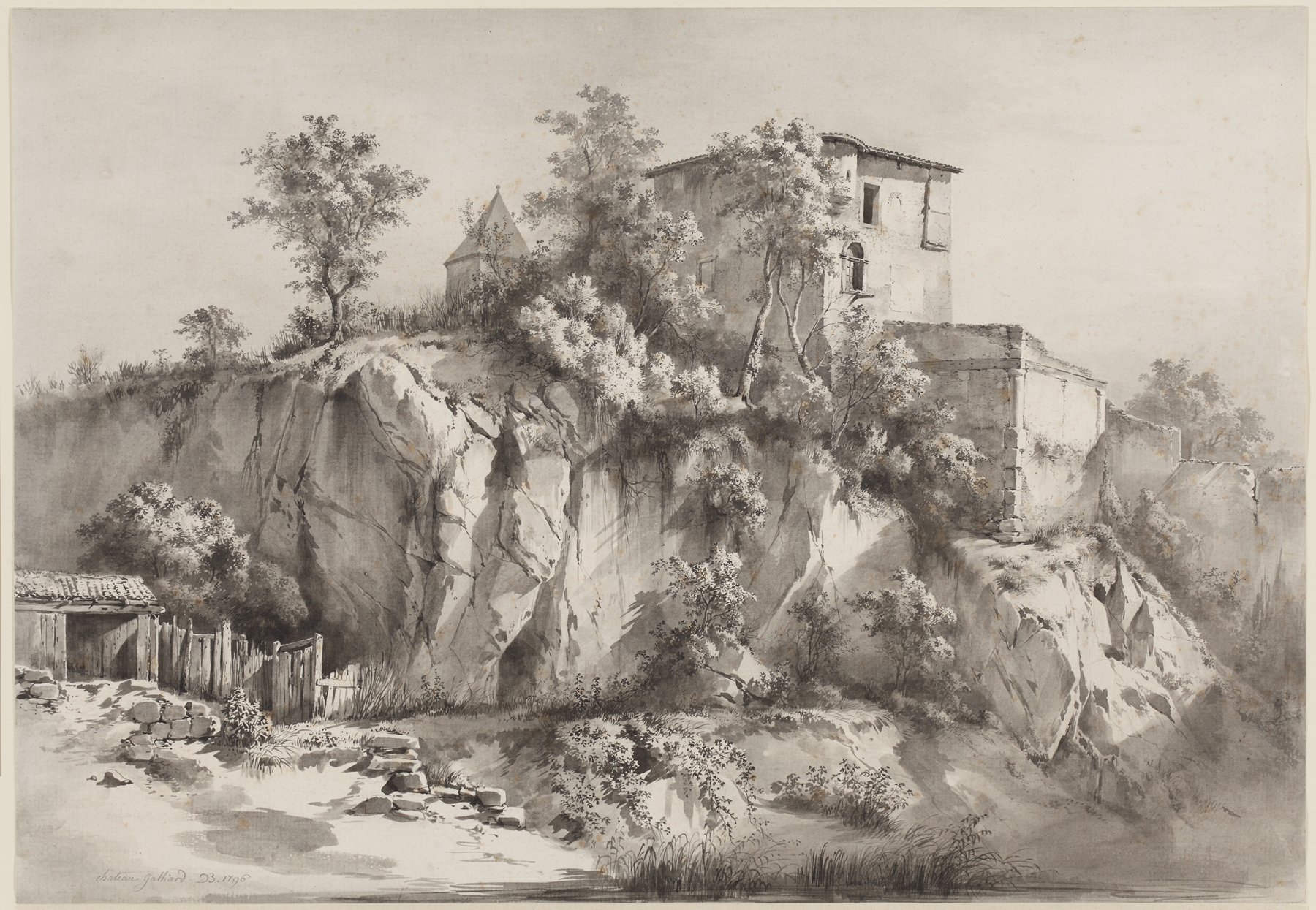 Engraving of Château Galliard by Jean-Jacques de Boissieu depicting a tranquil landscape.