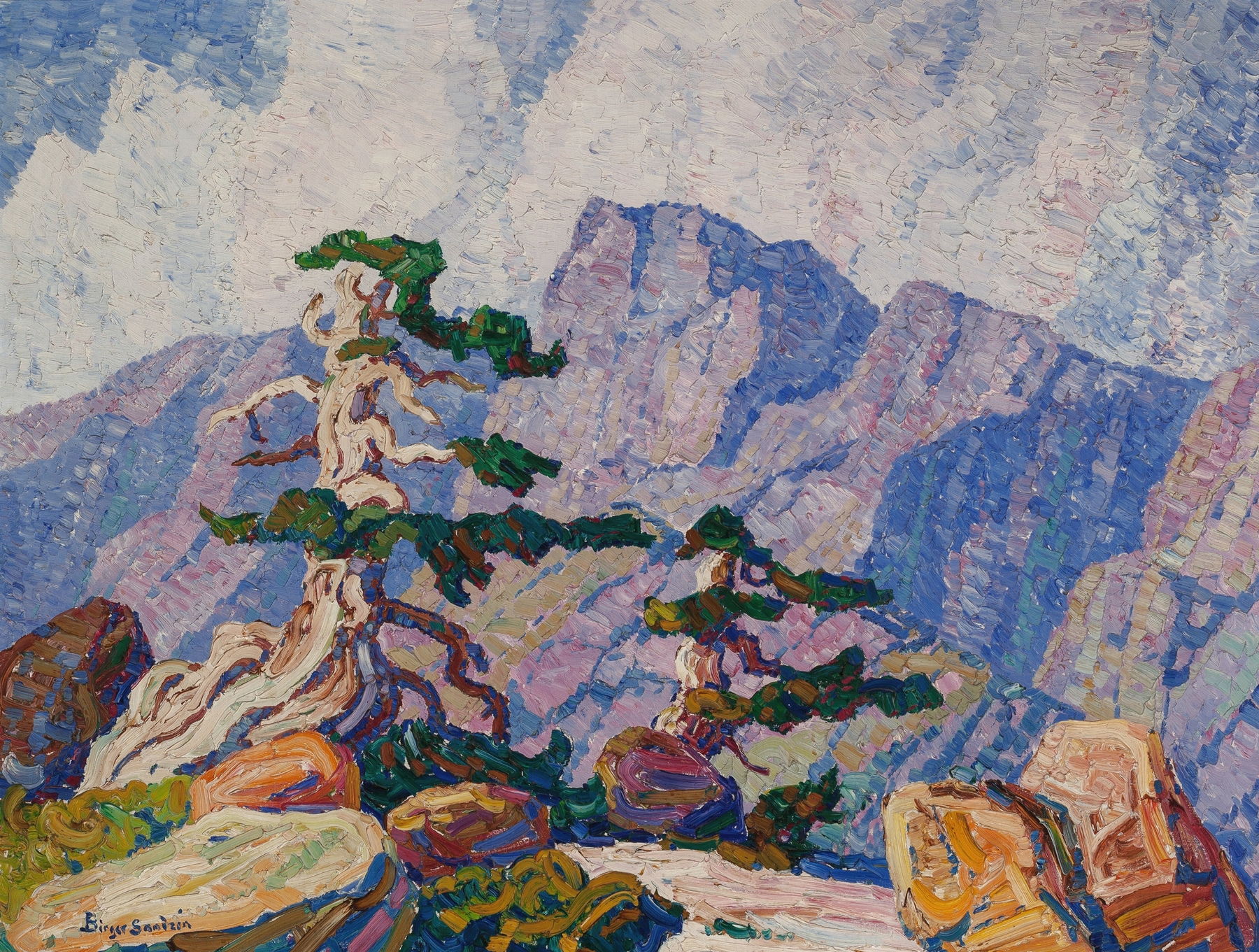 Oil painting by Birger Sandzén depicting mountains and valleys with sunlight and shadows