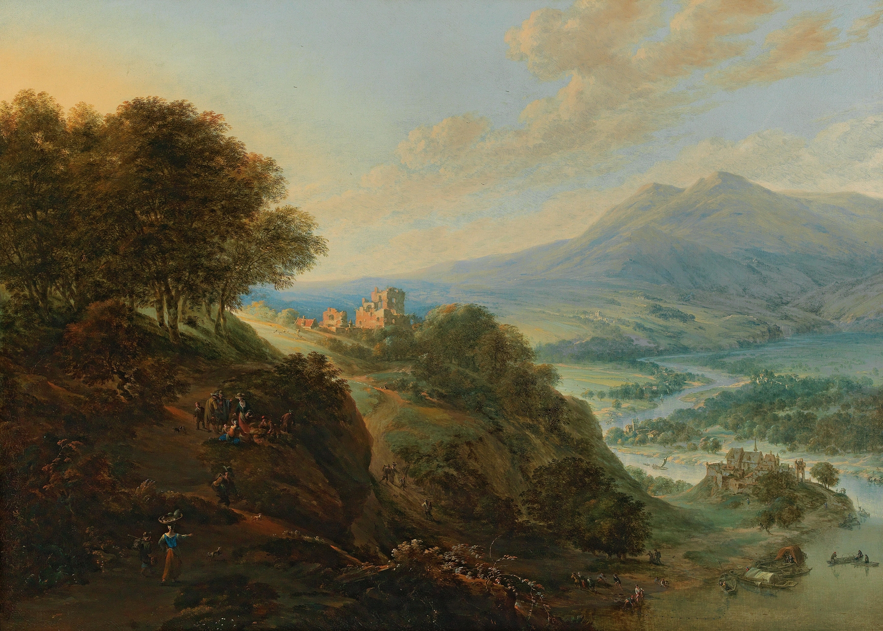 A vast mountain landscape with peasants resting near a path, oil painting by Jan Griffier