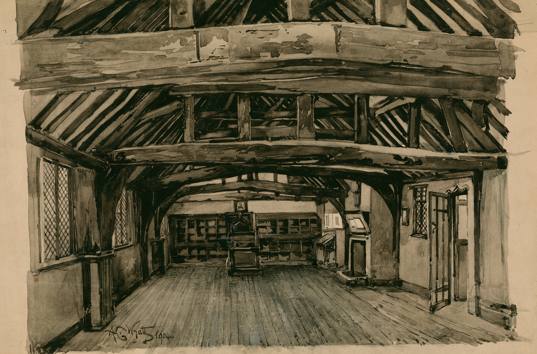 Interior scene of a classroom with students and a teacher, oil on canvas by A.C. Wyatt
