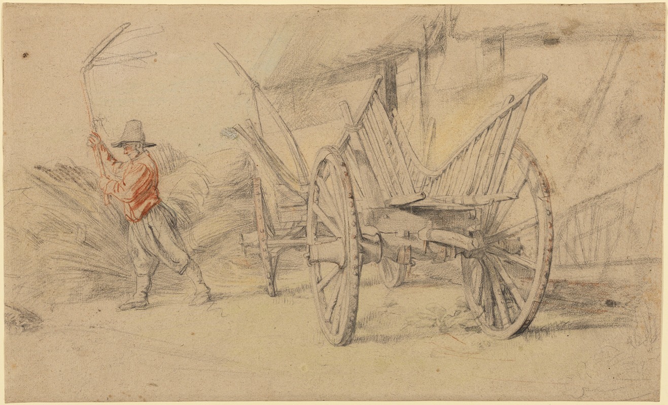 A man threshes grain beside a wagon with farm buildings in the background.