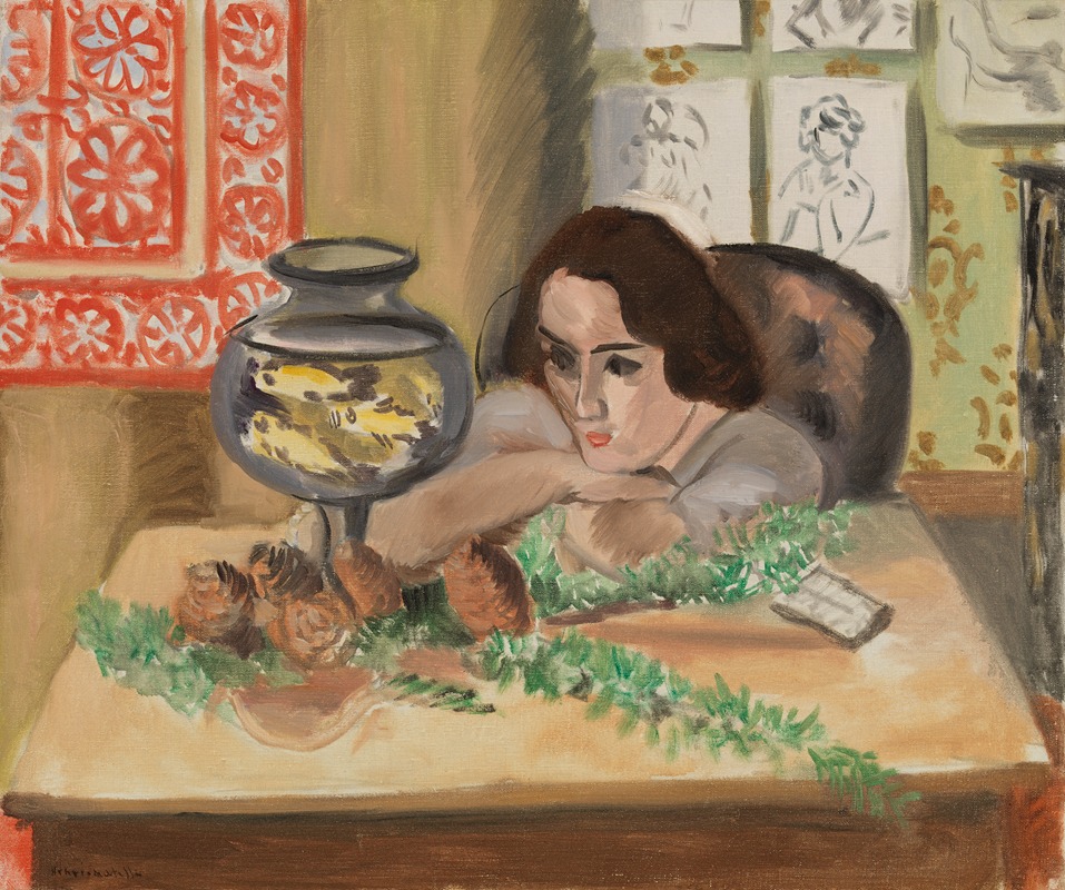 Woman before an Aquarium, oil on canvas by Henri Matisse featuring a woman and colorful fish.