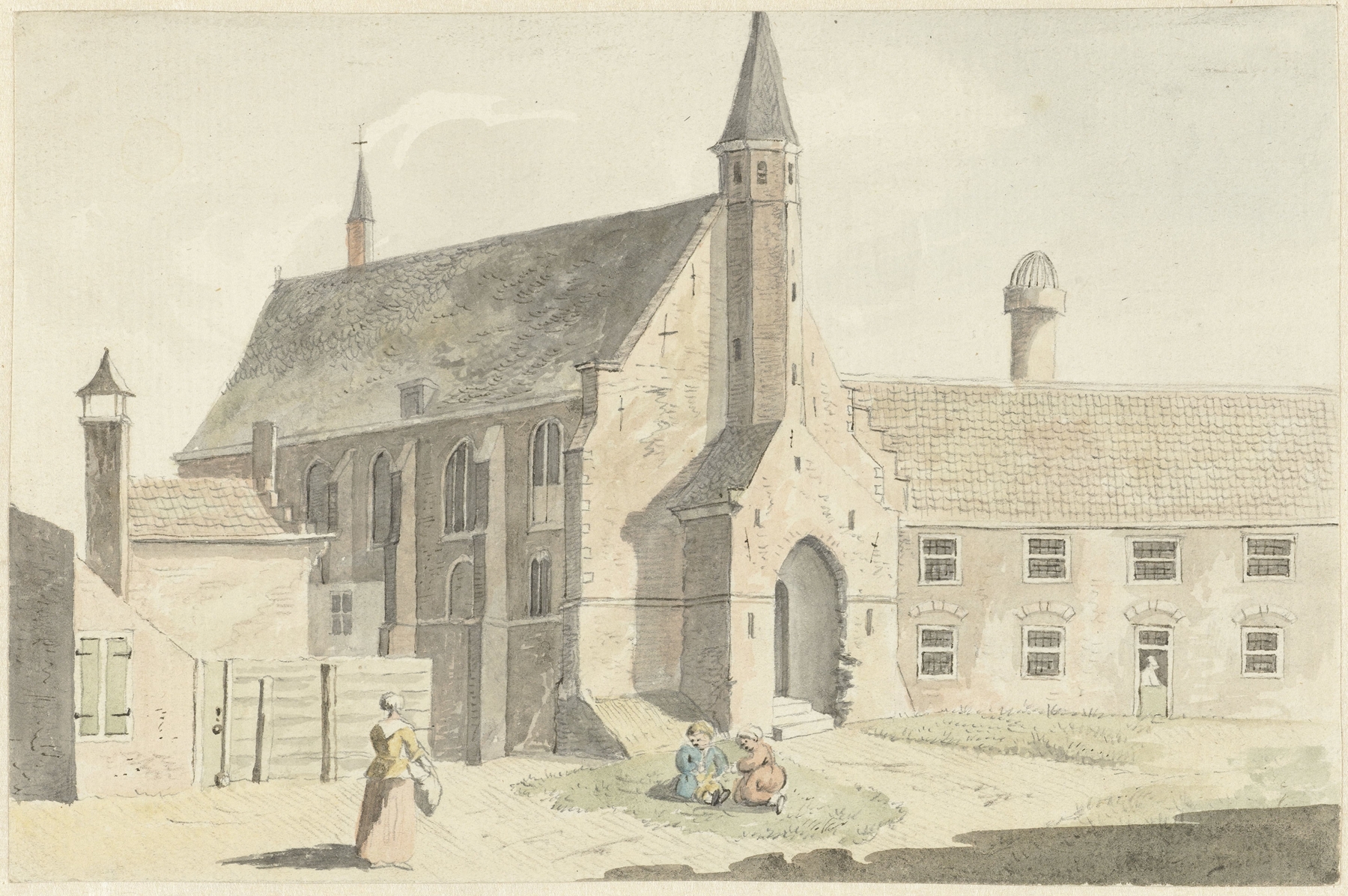 Engelse kerk te Leiden by Hendrik Tavenier, oil on canvas depicting a church surrounded by greenery