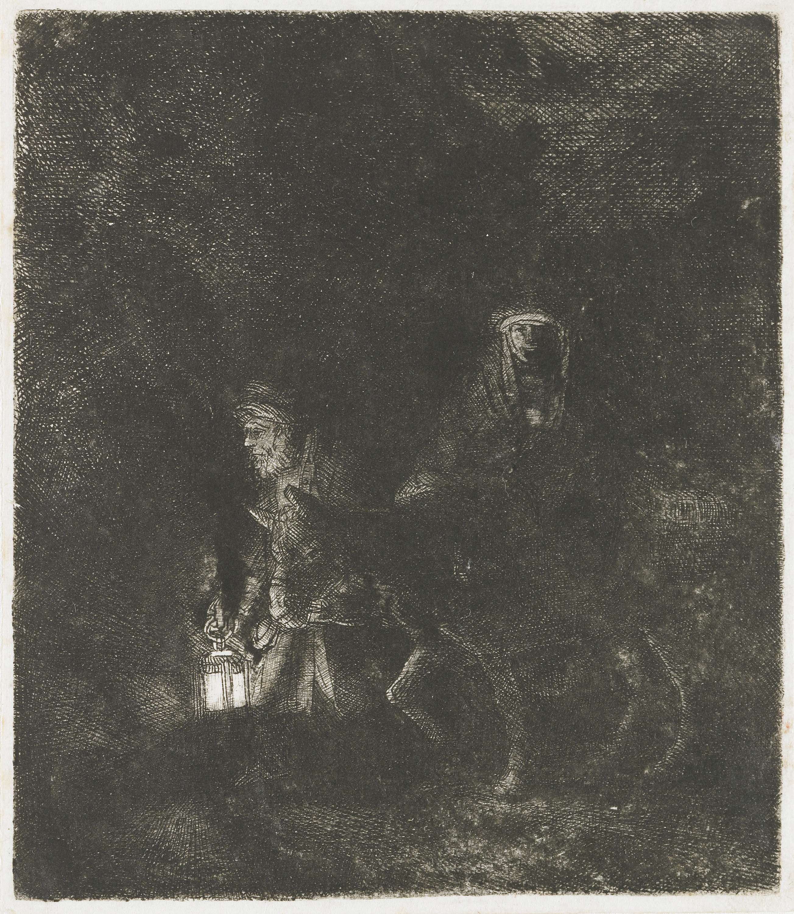 The flight into Egypt: a night piece, by Rembrandt van Rijn, public domain