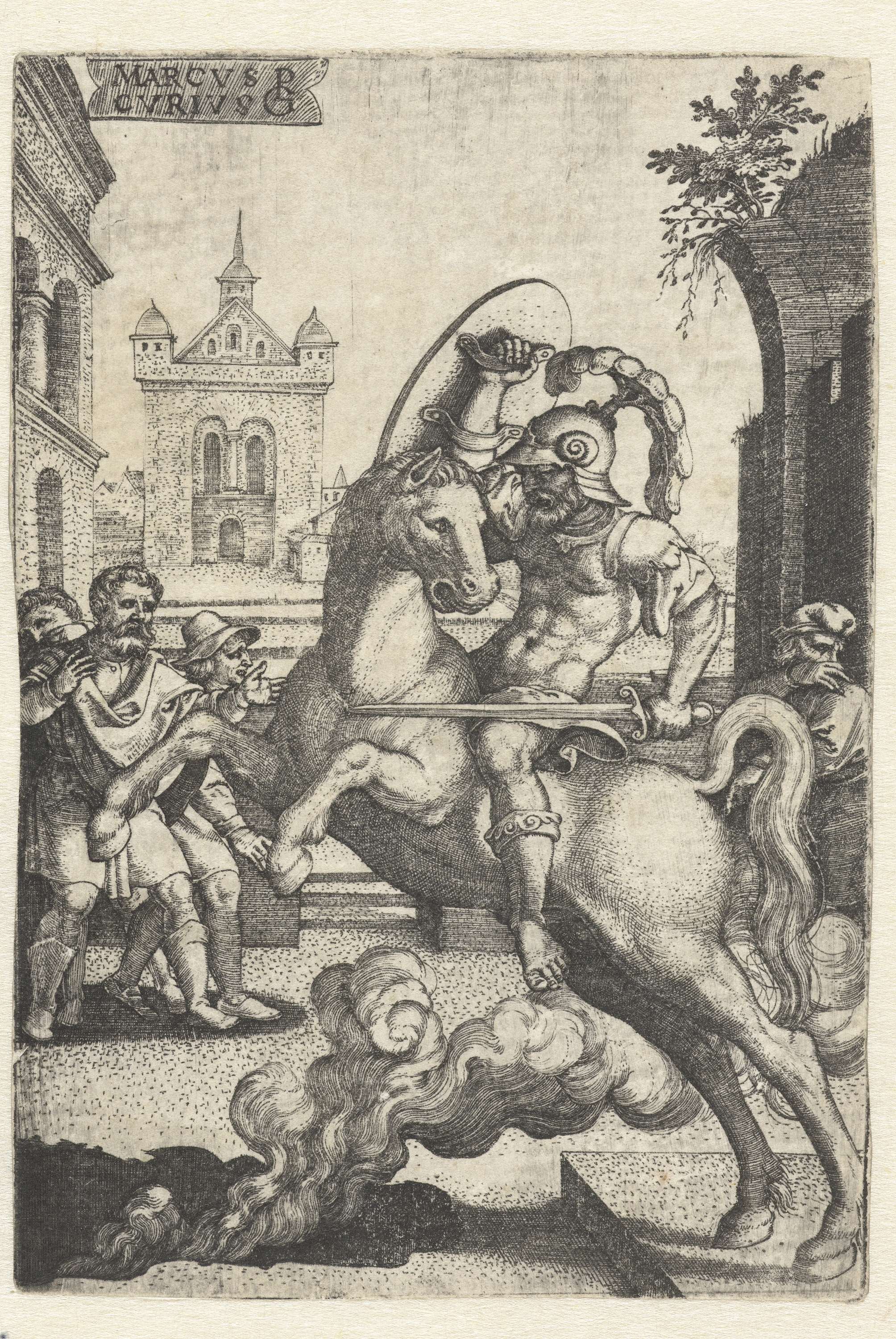 Engraving by Georg Pencz depicting a heroic figure in a robe at a cliff's edge.