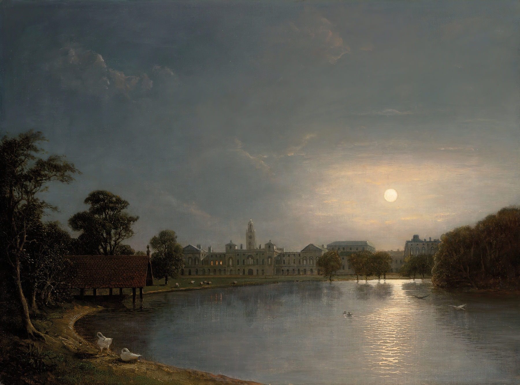 Horseguards Parade from St James’s Park by Henry Pether, oil painting depicting lush greenery and light.