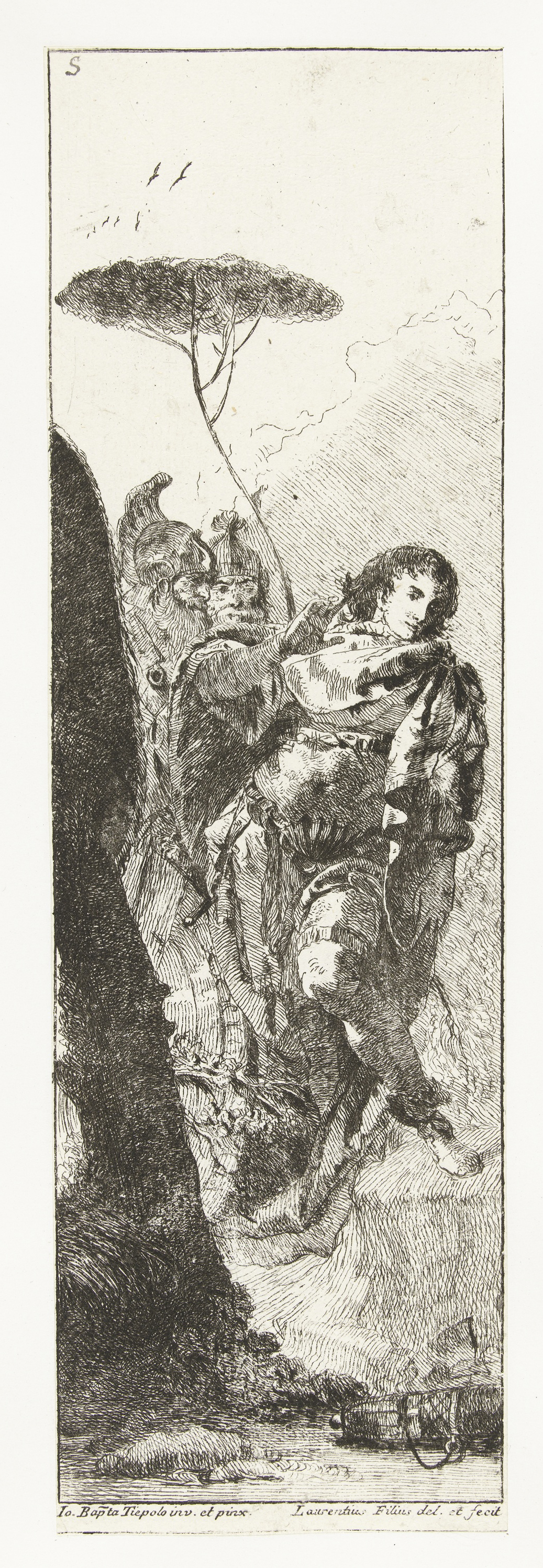 Rinaldo kijkt naar zichzelf in diamanten spiegel en verbreekt betovering, by Lorenzo Baldissera Tiepolo, public domain