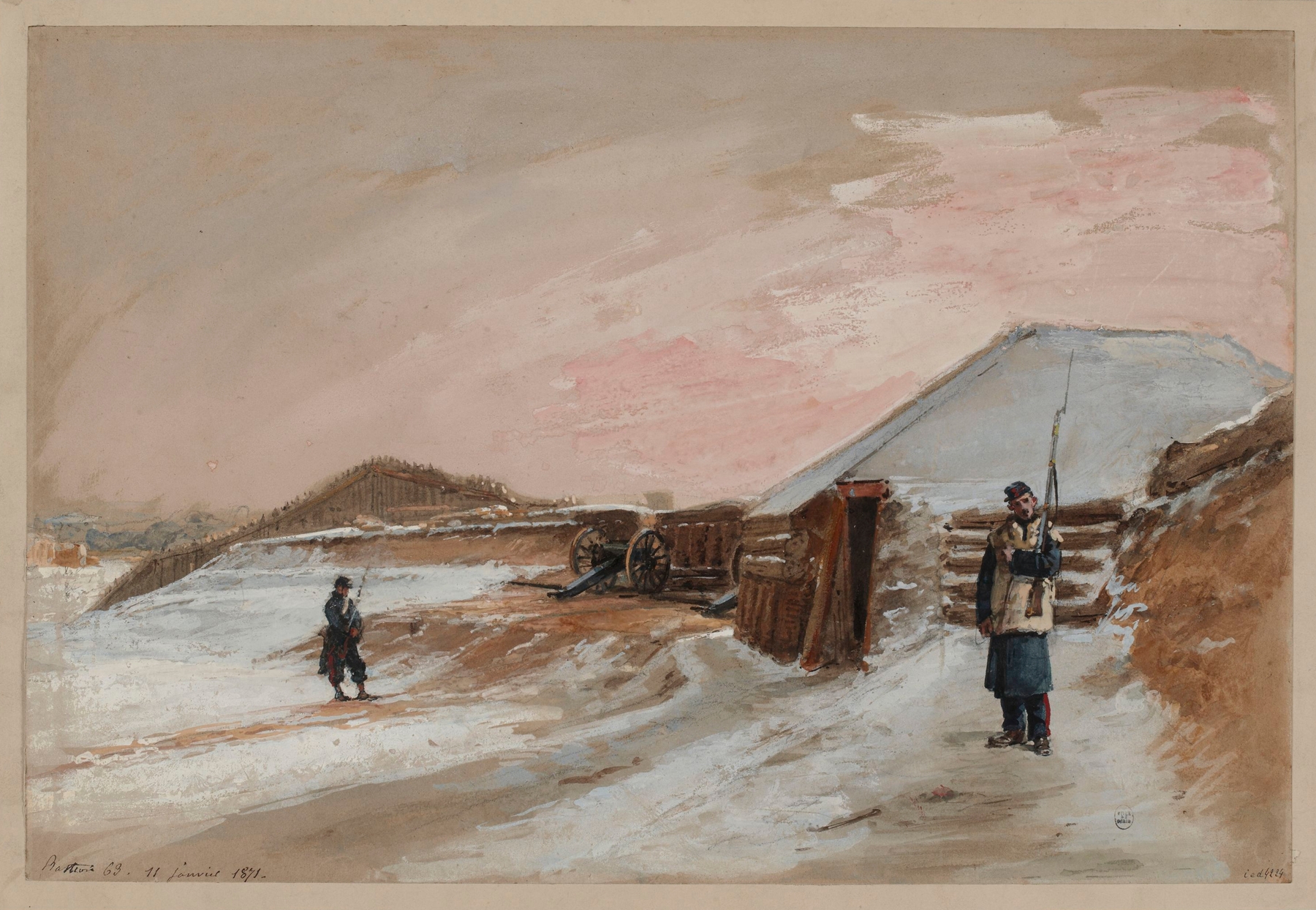 Historical scene of soldiers huddled during conflict, oil painting by Isidore Pils