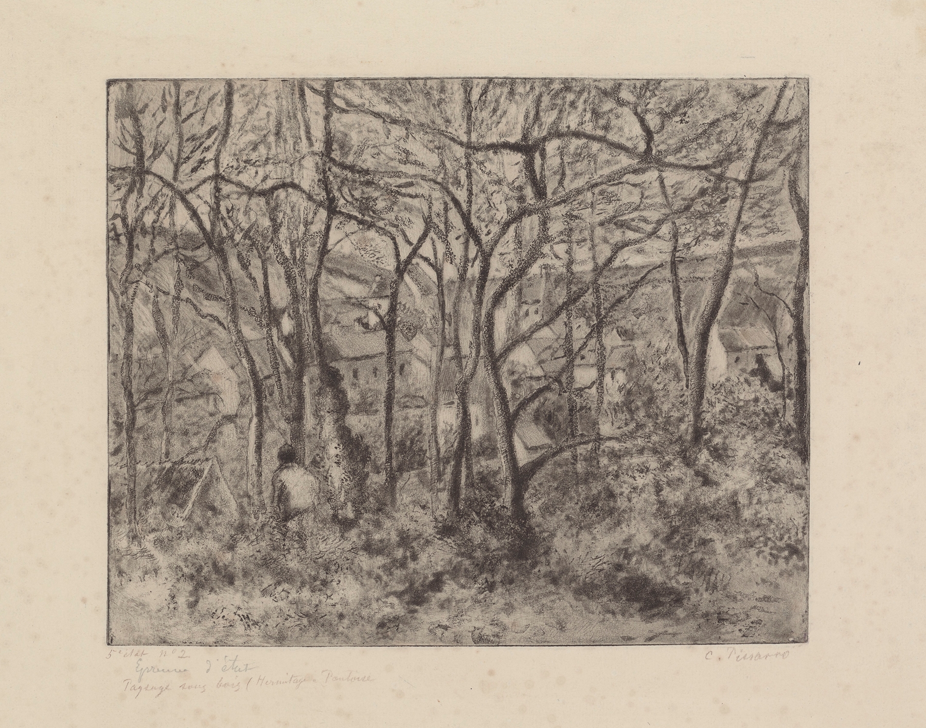 Paysage sous bois à L’Hermitage Pontoise by Camille Pissarro, oil on canvas depicting a serene forest scene.