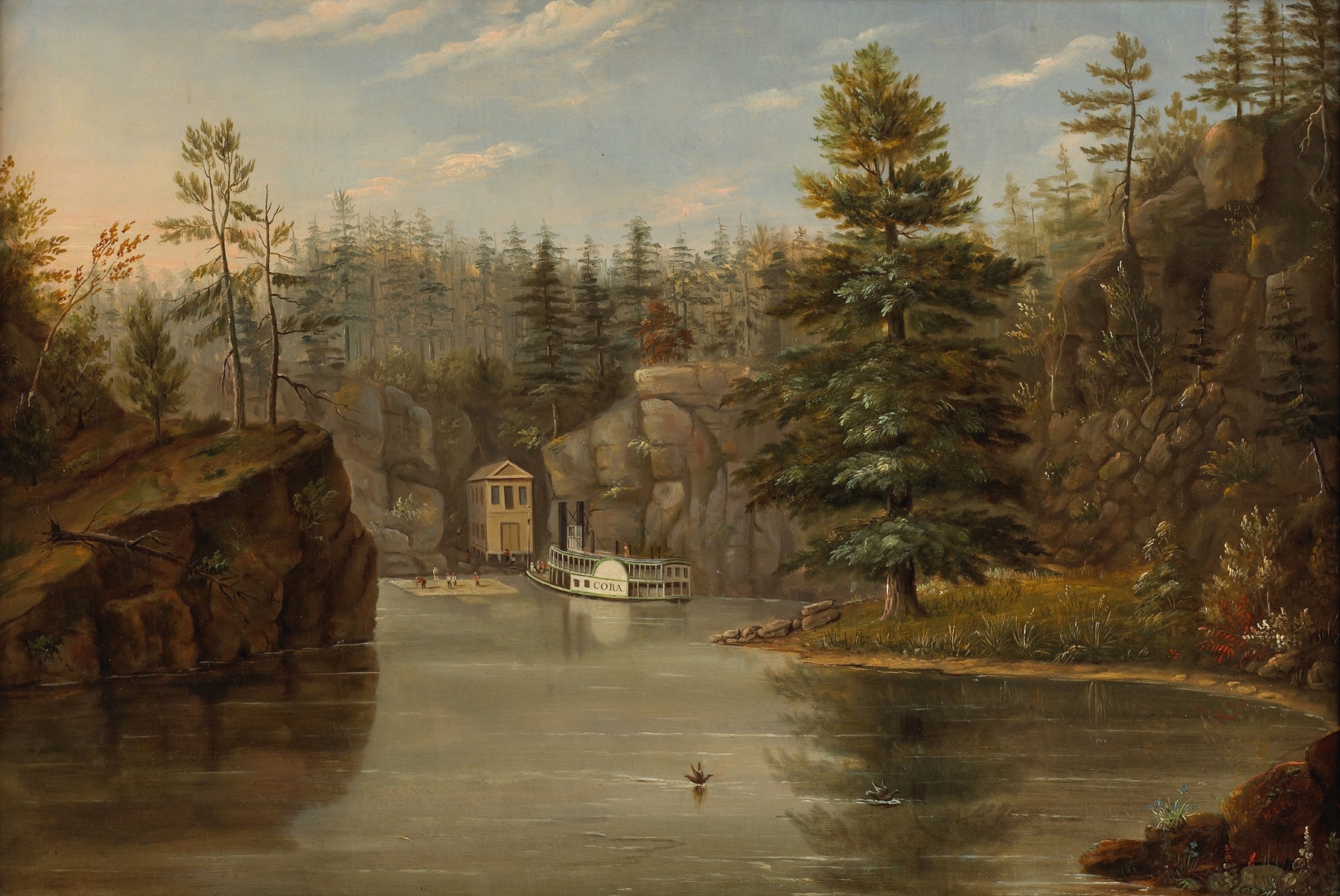 Gorge of the St. Croix by Henry Lewis, oil on canvas depicting cliffs at twilight.