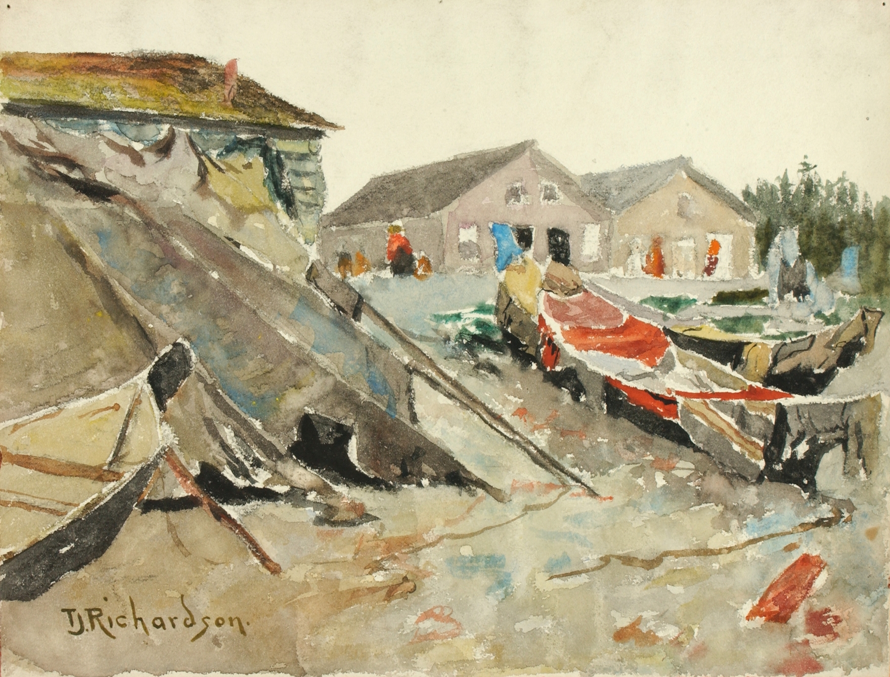 Drying Blankets Over Canoes by Theodore J. Richardson, realism, depicting canoes on the shore with blankets.