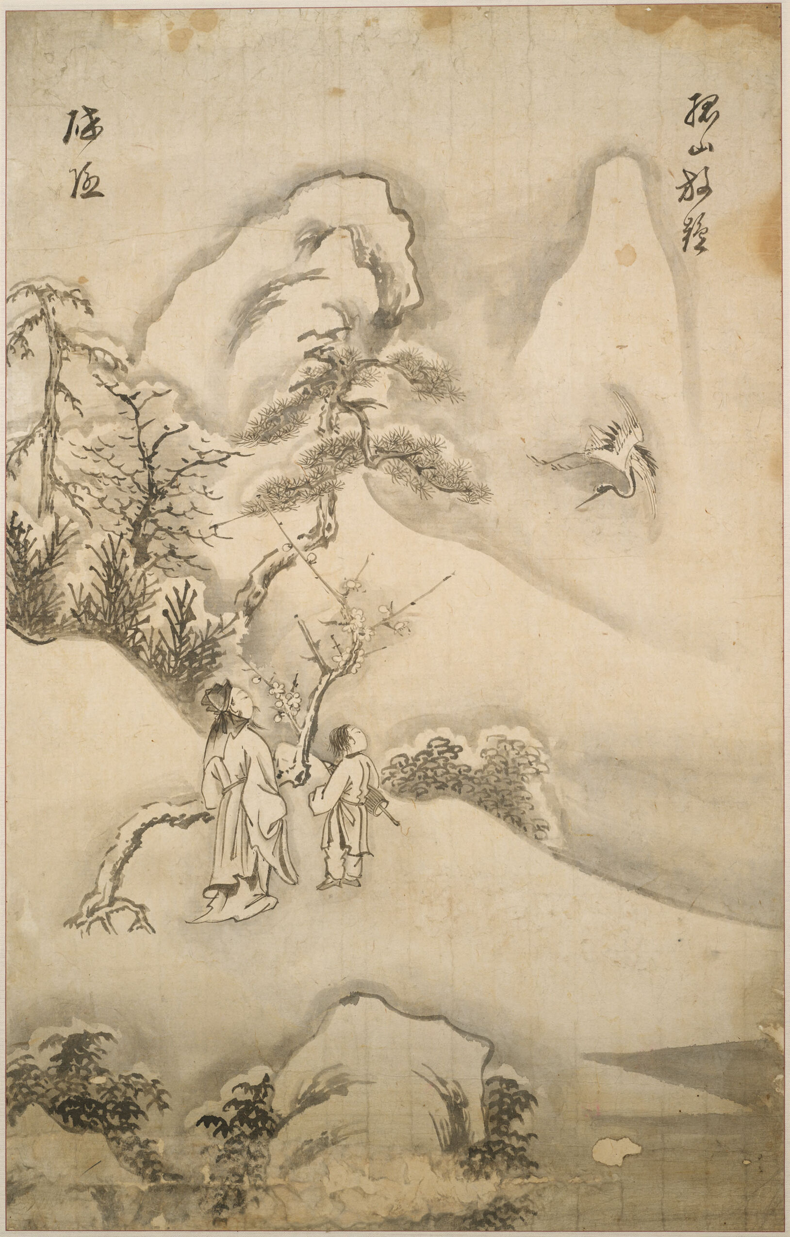 The Recluse Lin Bu releasing cranes at Mount Gu, ink on paper by Chŏng Yusŭng