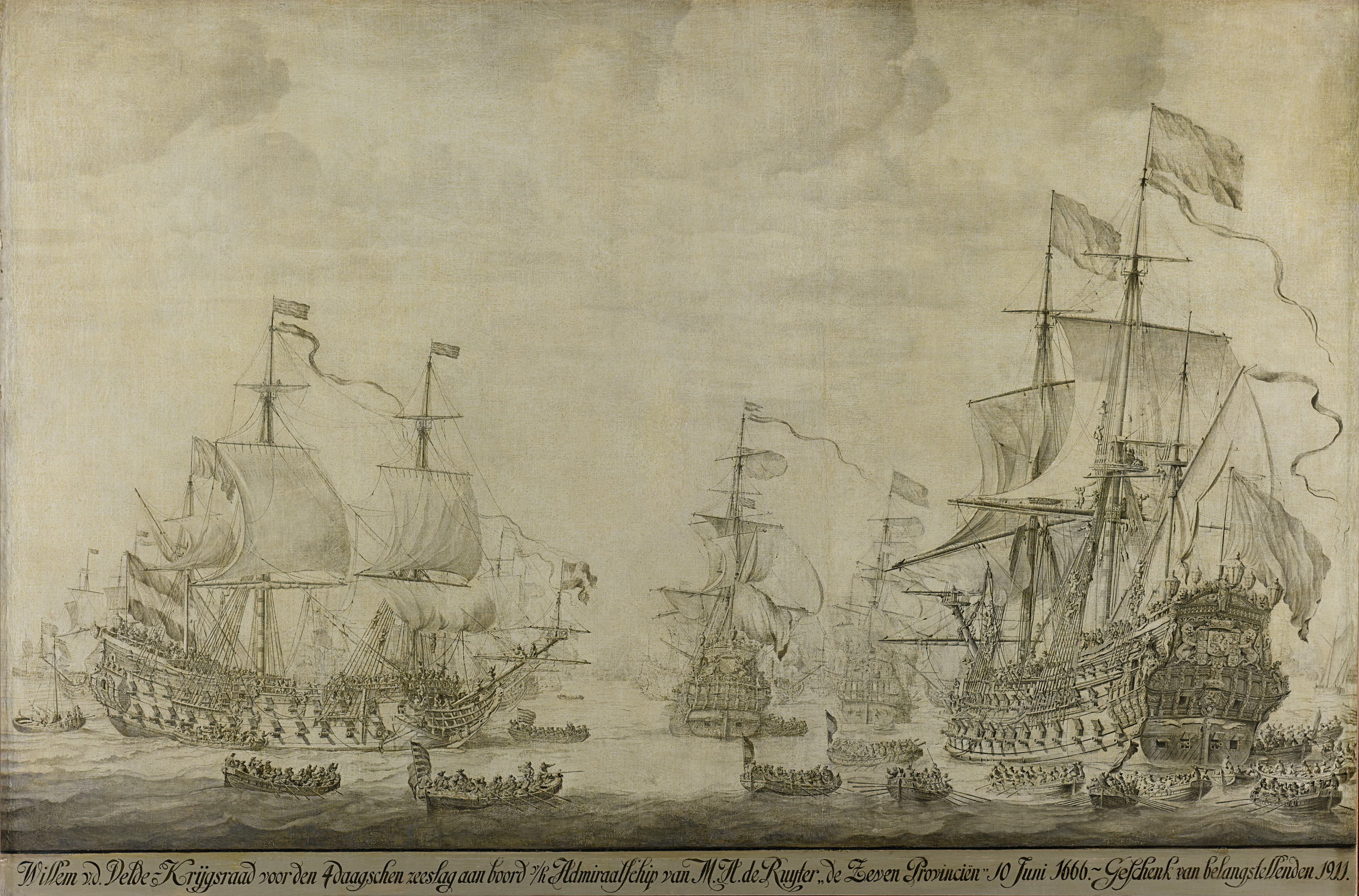 Historical scene of commanders on a ship, oil painting by Willem van de Velde