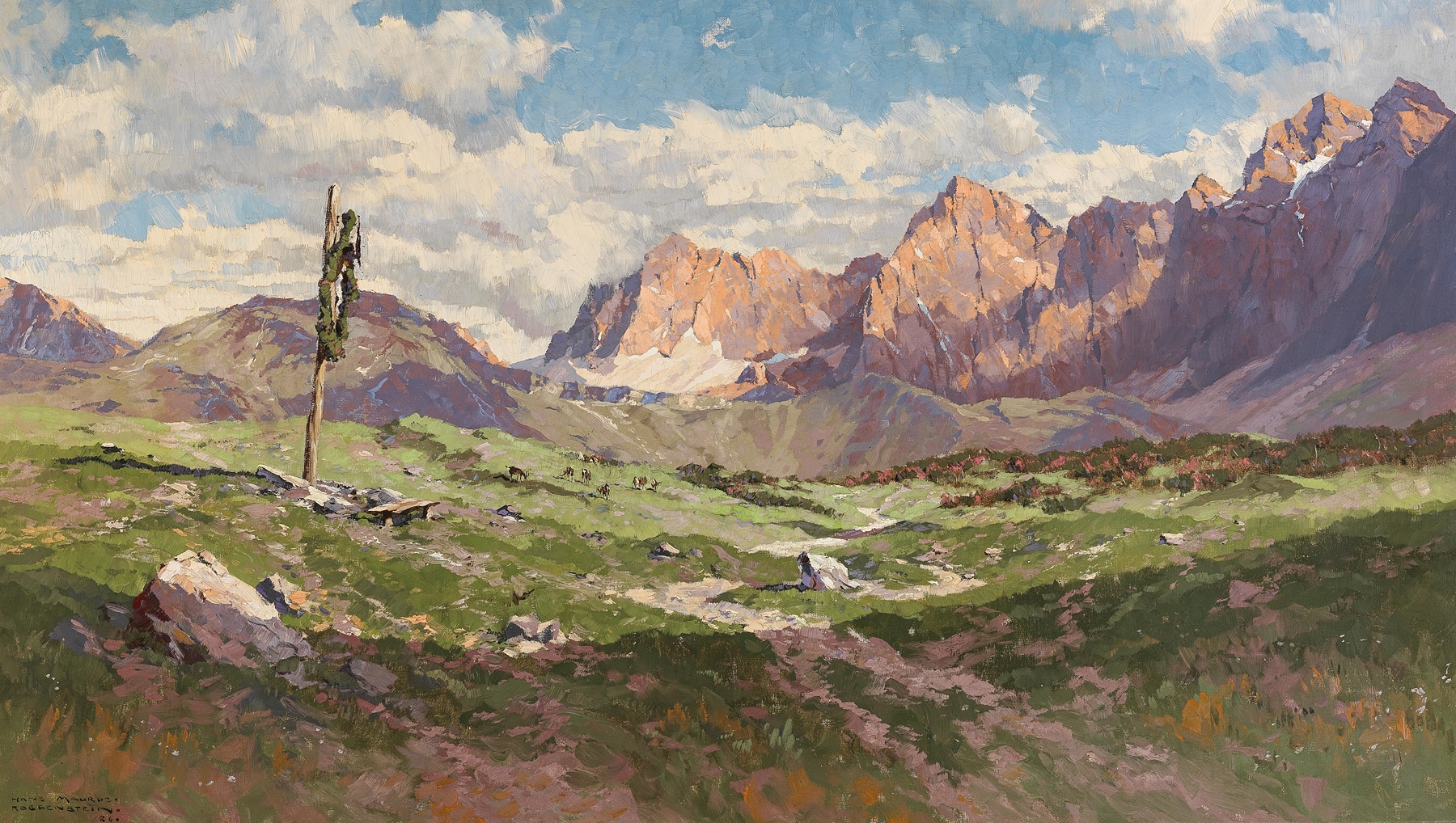 The Seiser Alm in South Tyrol by Hans Maurus, oil on canvas depicting meadows and mountains.