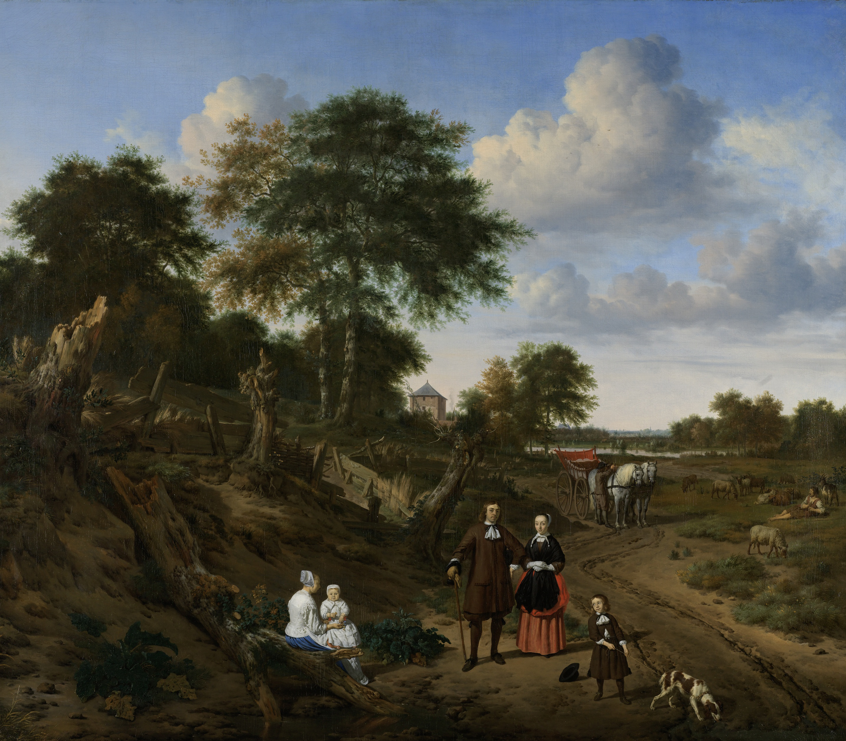 Portrait of a couple with two children and a nurse in a landscape, oil on canvas by Adriaen van de Velde