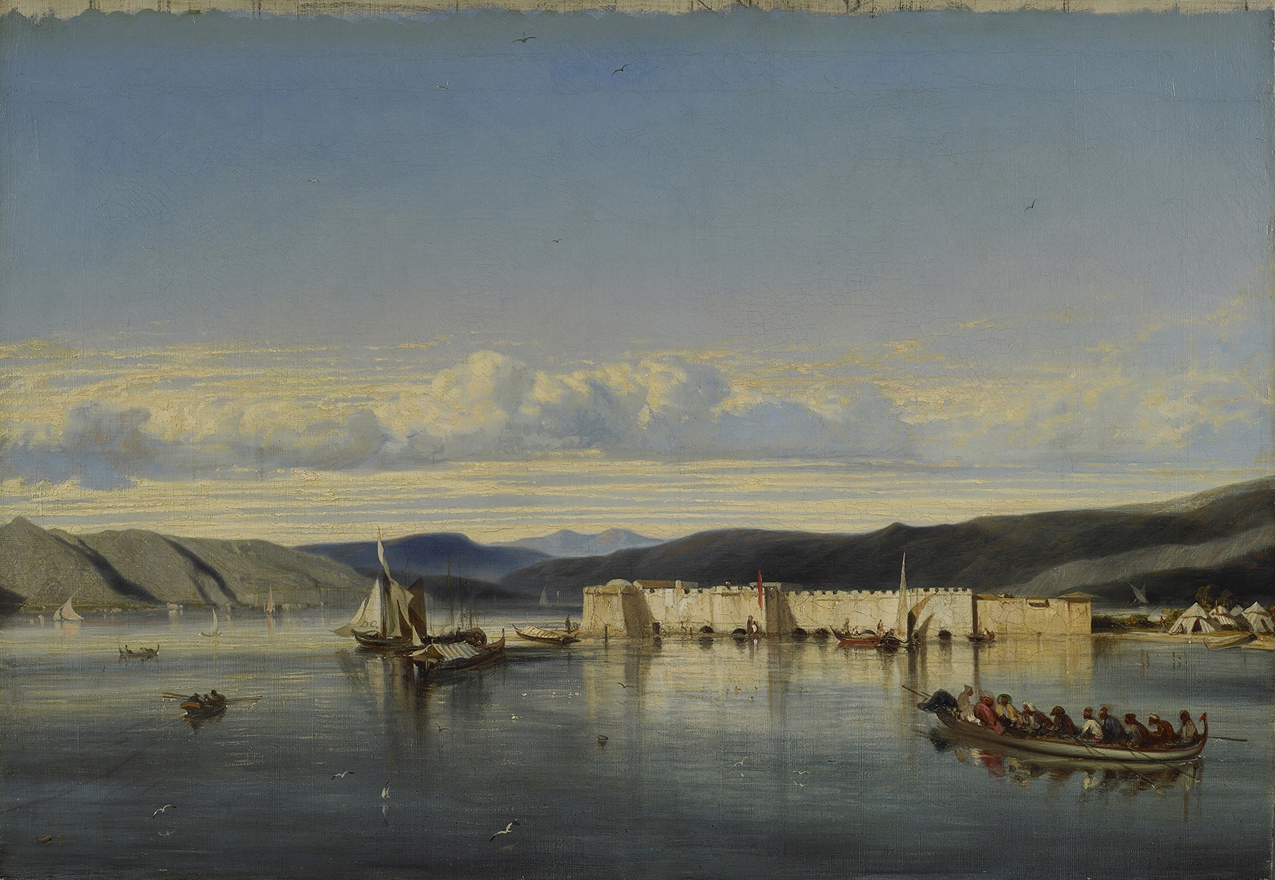 The Anchorage of Smyrna by Alexandre-Gabriel Decamps, oil on canvas depicting ships and a tranquil sea.