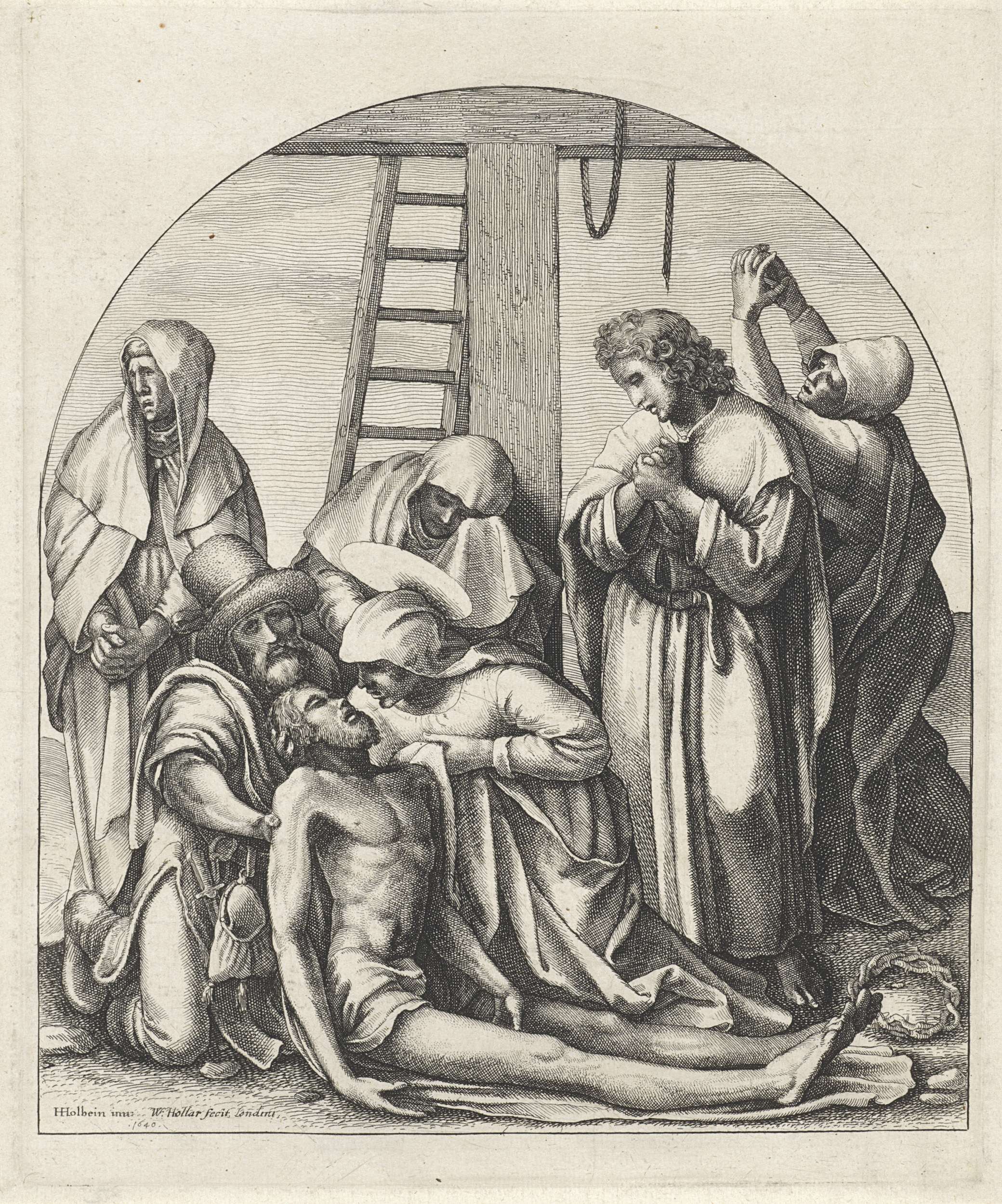 Kruisafname etching by Wenceslaus Hollar depicting the crucifixion with figures in somber tones