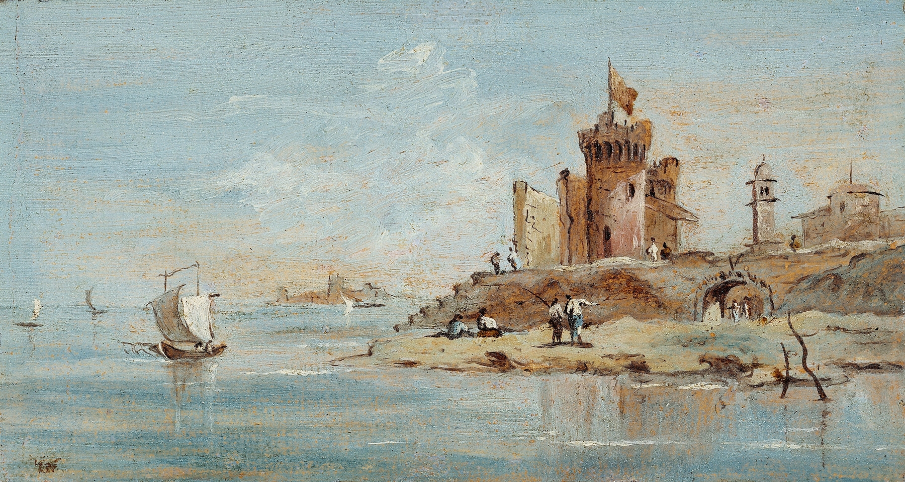 Landscape with a crumbling fortress in mist, oil on canvas by Niccolò Guardi
