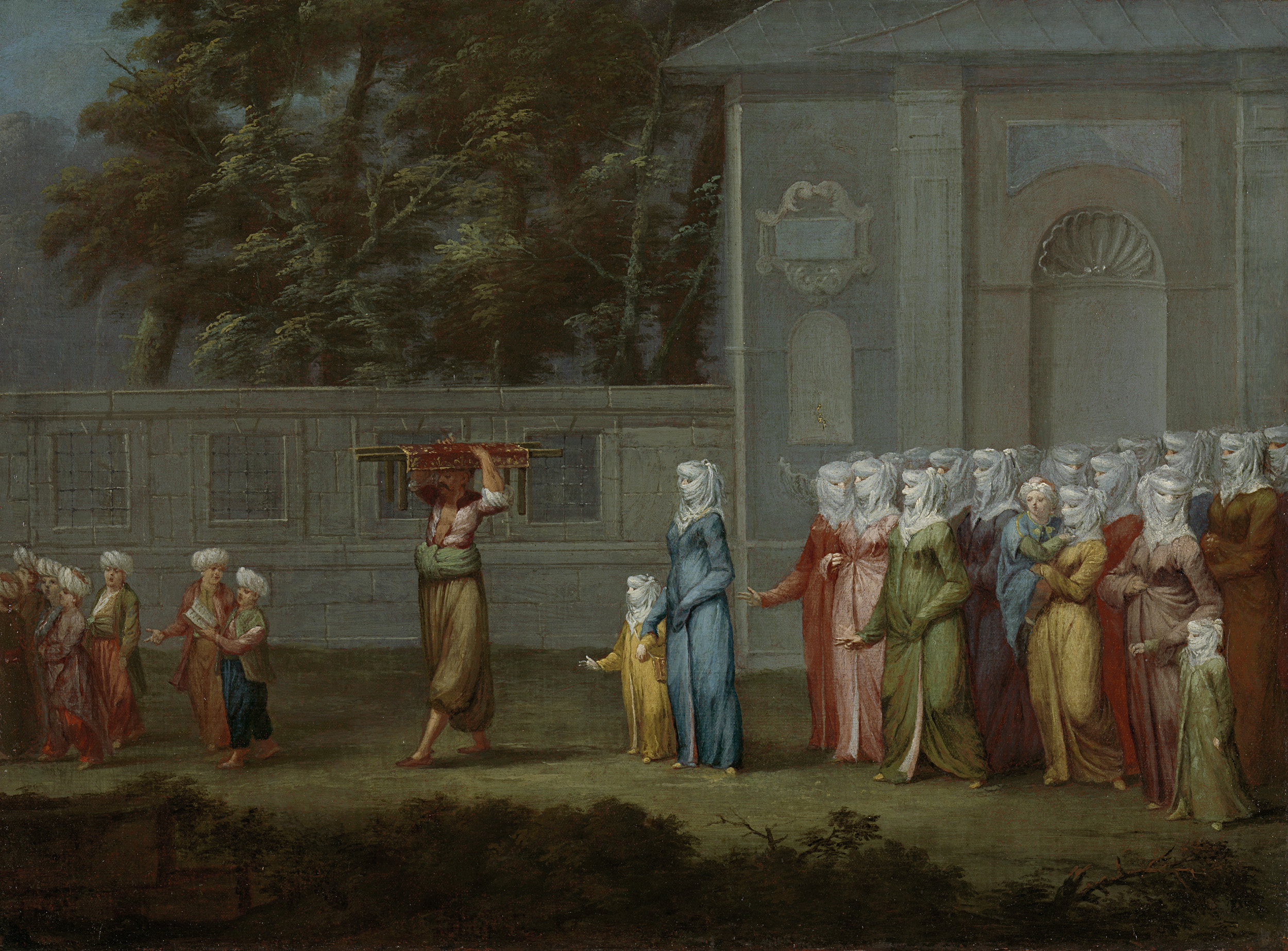 The First Day of School, oil on canvas by Jean Baptiste Vanmour depicting a mother and women with a child.