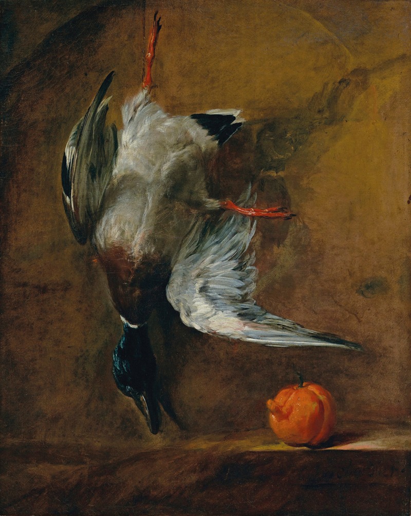 A still life featuring a mallard and a bitter orange.