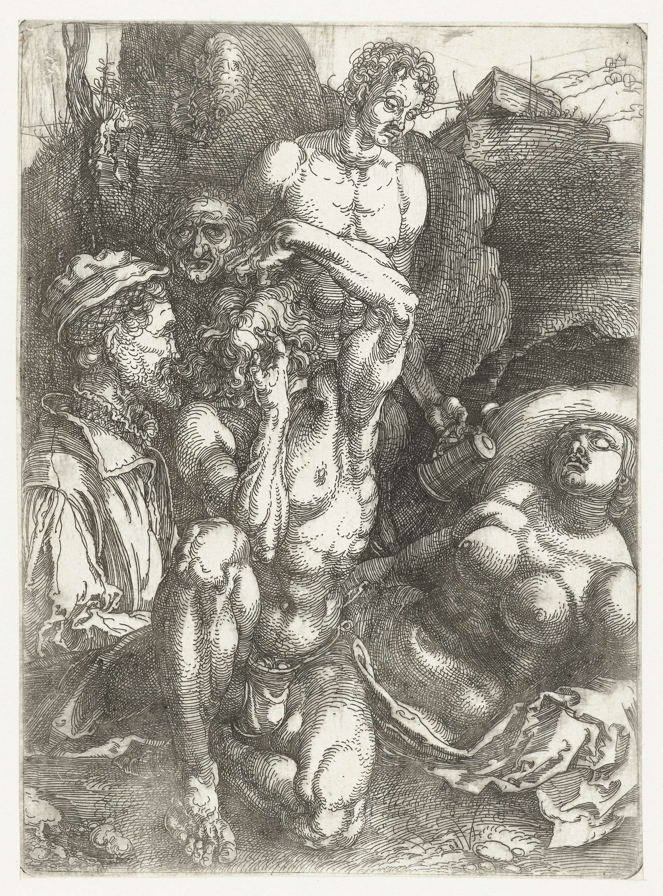 Etching by Albrecht Dürer depicting a man in despair with delicate lines