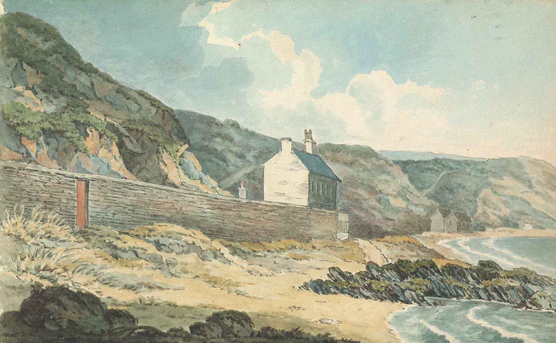Houses on a rocky shoreline, oil painting by Thomas Bradshaw